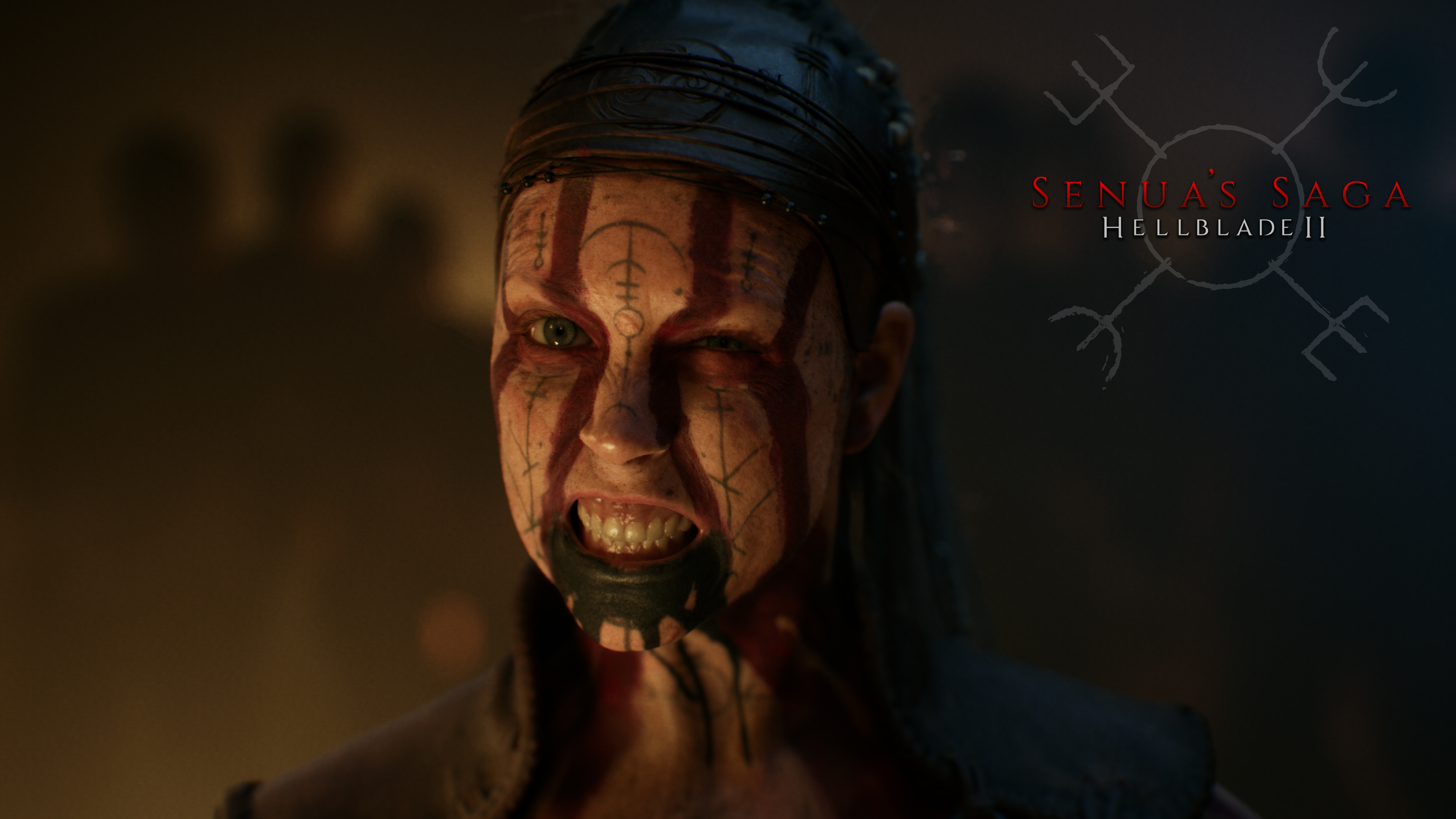 A dramatic and highly detailed close-up of Senua from the video game Senua's Saga: Hellblade II.