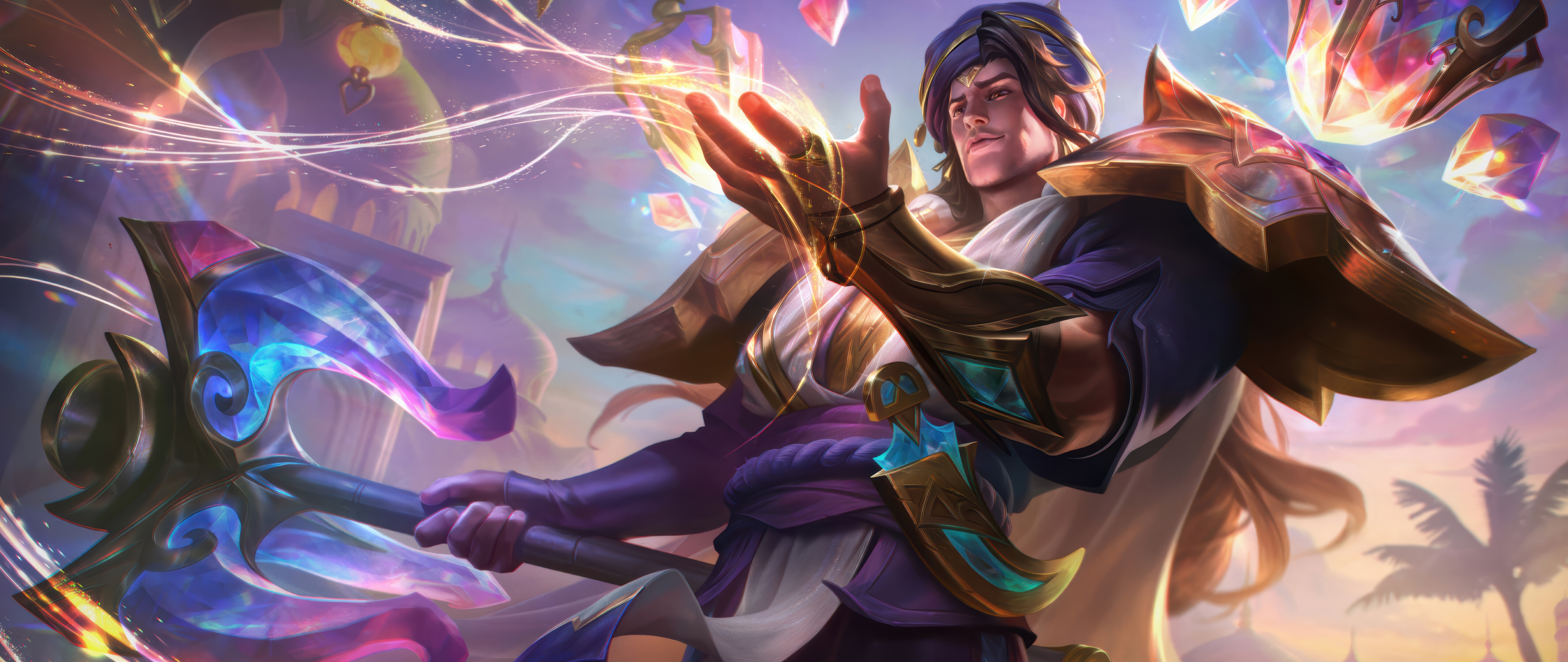 A cinematic illustration of Taric from League of Legends depicted as a powerful wizard surrounded by magical energy.
