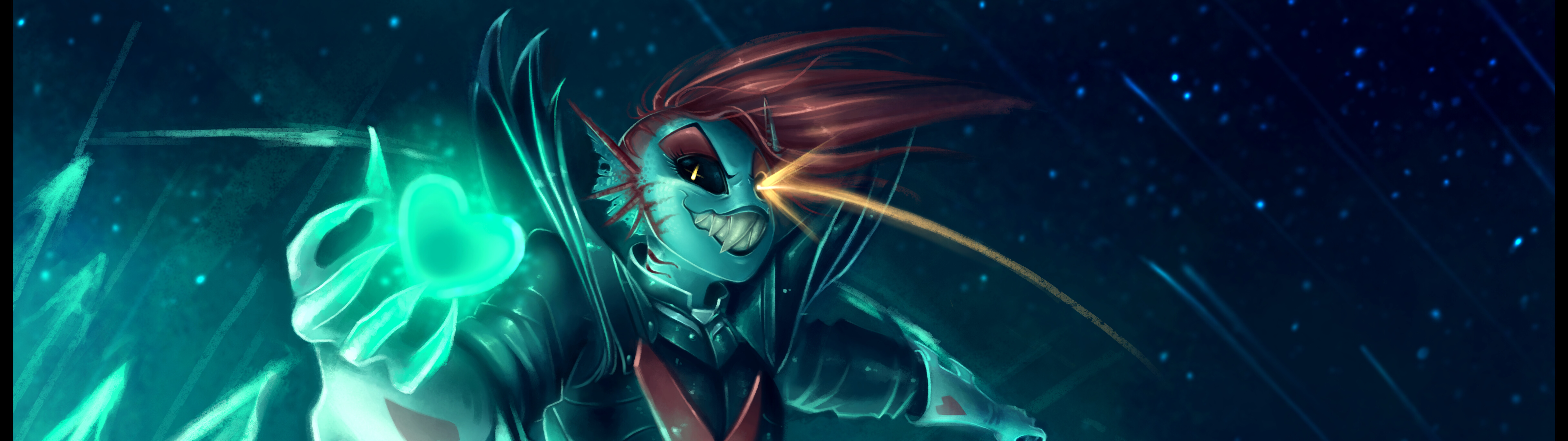 Undyne the Undying from Undertale wearing armor with red hair and a red heart symbol.