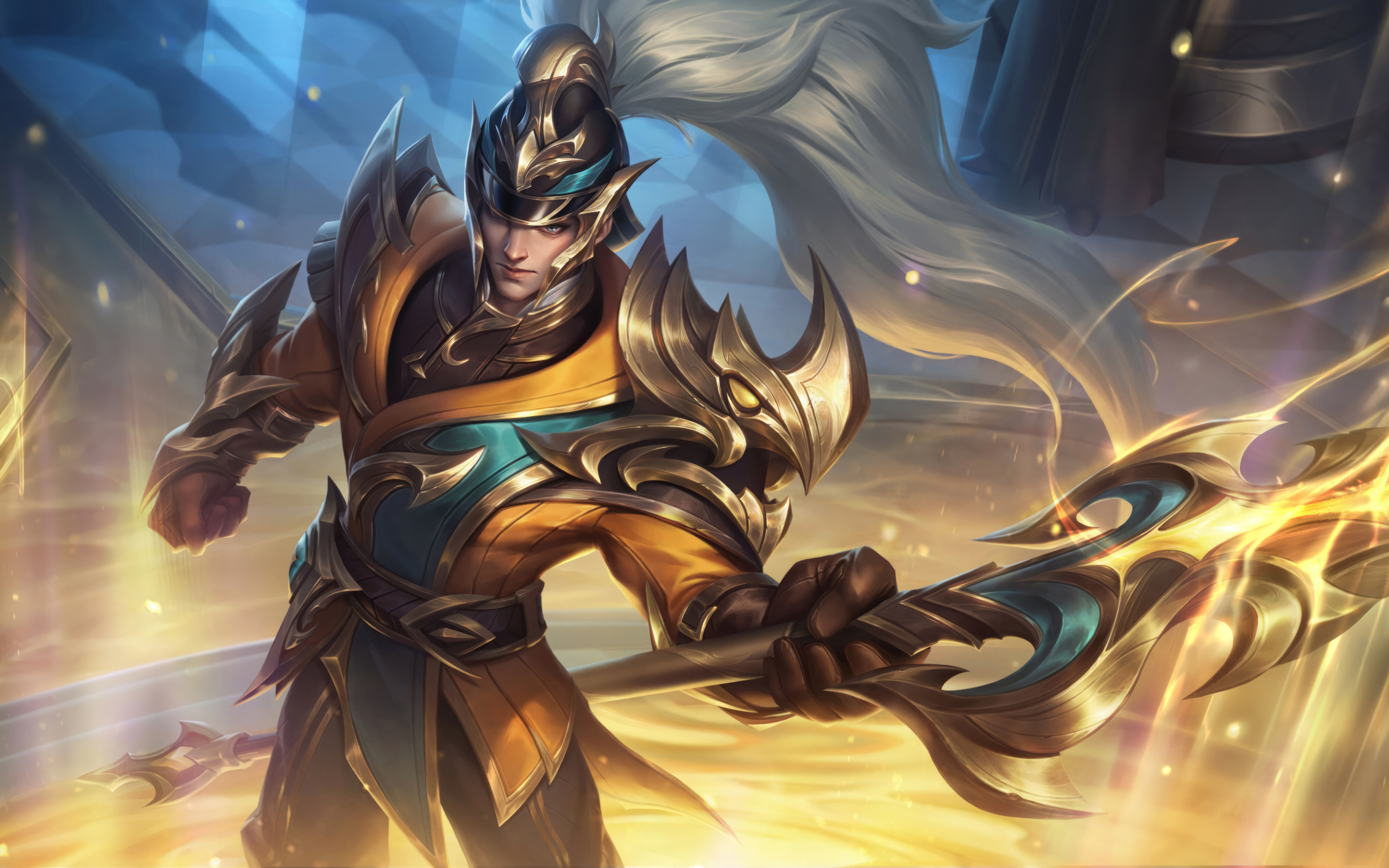 Xin Zhao from League of Legends posing with his signature spear lance.