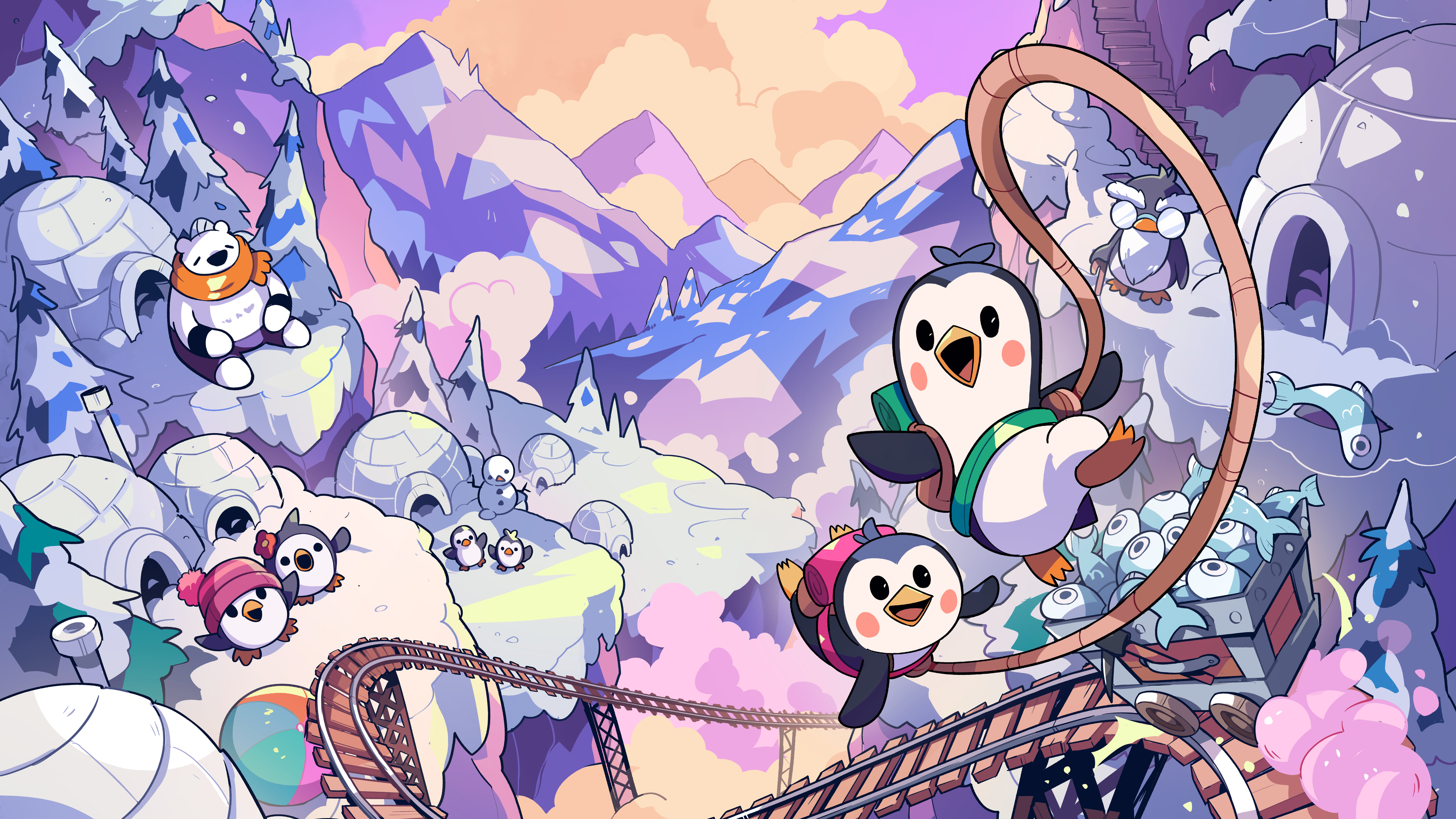 Two cute penguins tied together by a rope climbing a snowy mountain, characters from the game Bread & Fred.