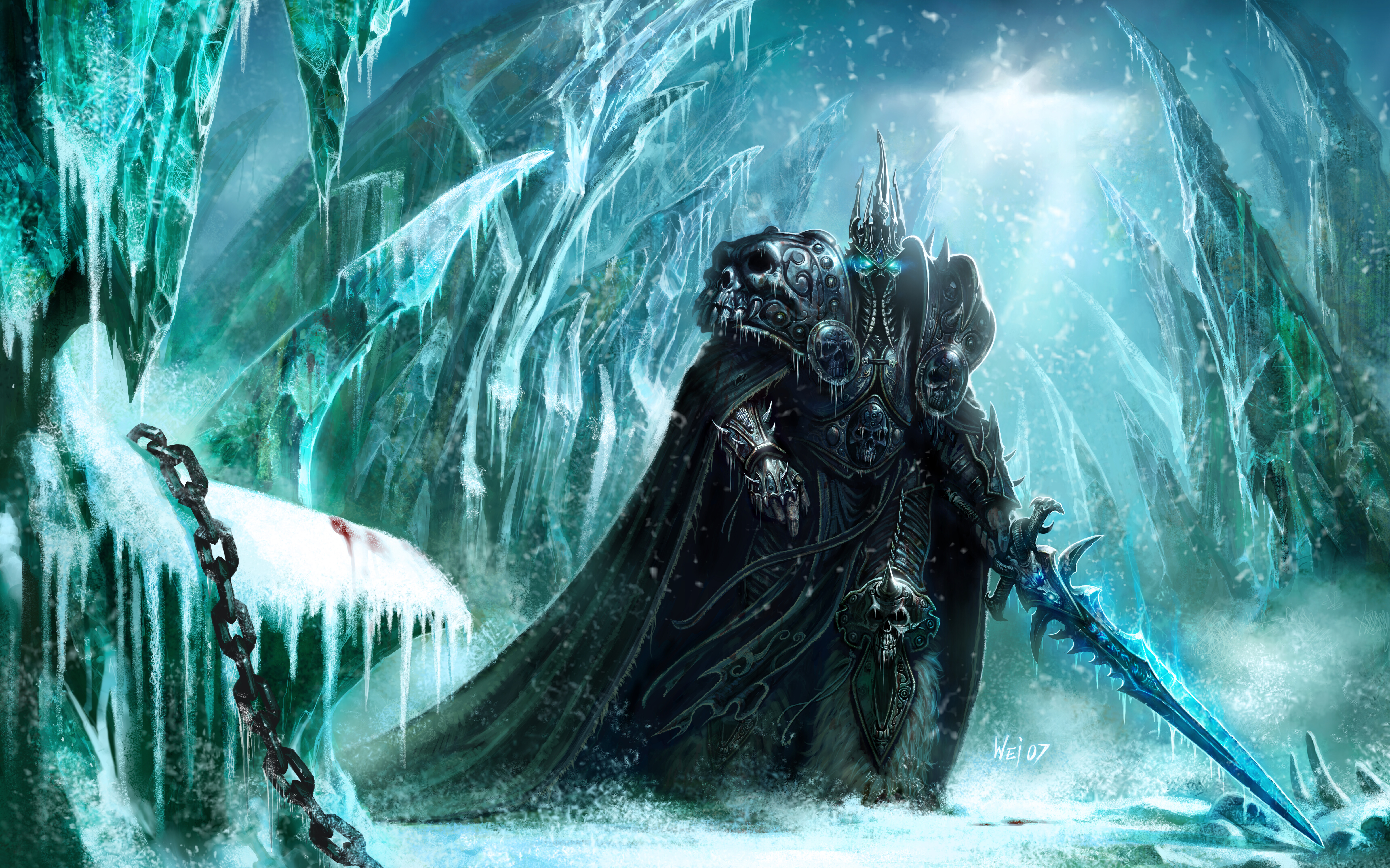 An imposing undead knight in frost-encrusted armor standing in a snowy, frozen landscape from World of Warcraft.