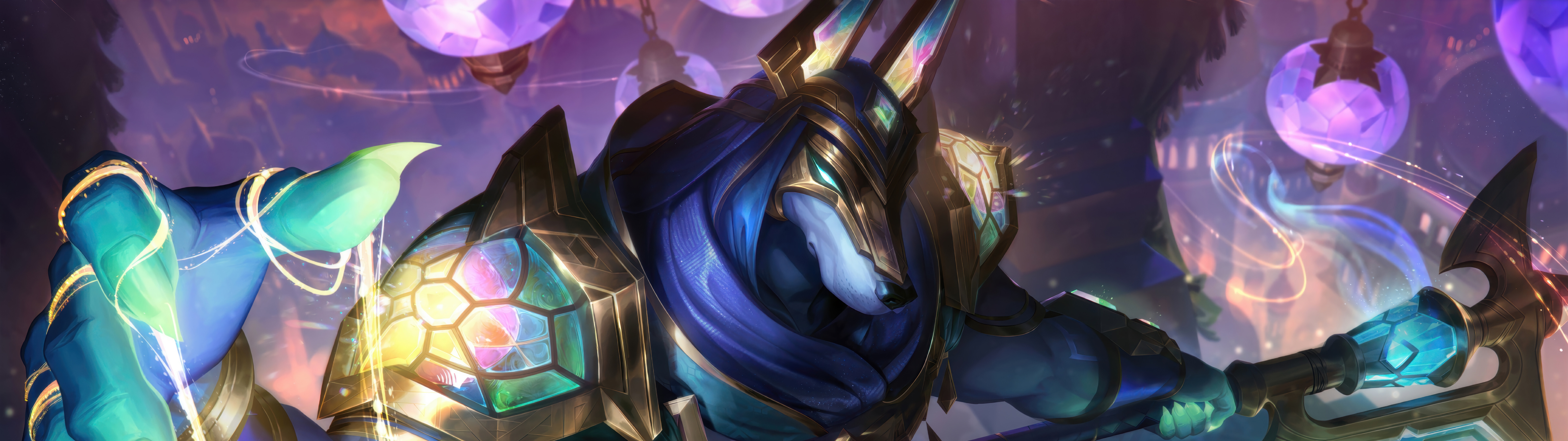 An epic illustration of Nasus, the Curator of the Sands, from League of Legends.