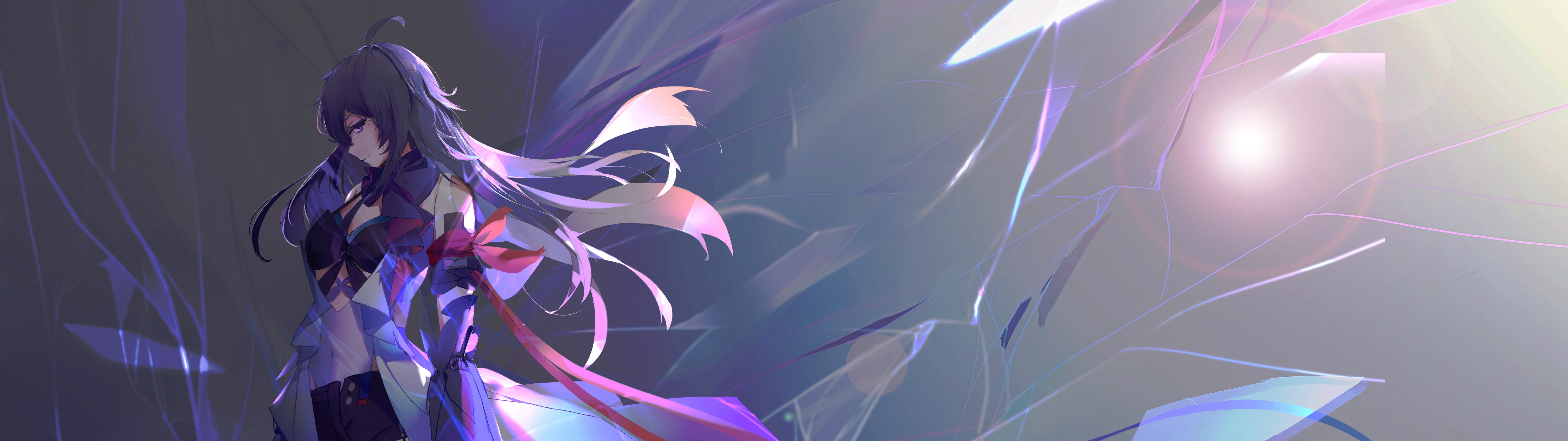 A cinematic portrait of Seele Vollerei from Honkai: Star Rail featuring her iconic purple hair and dark, atmospheric lighting.