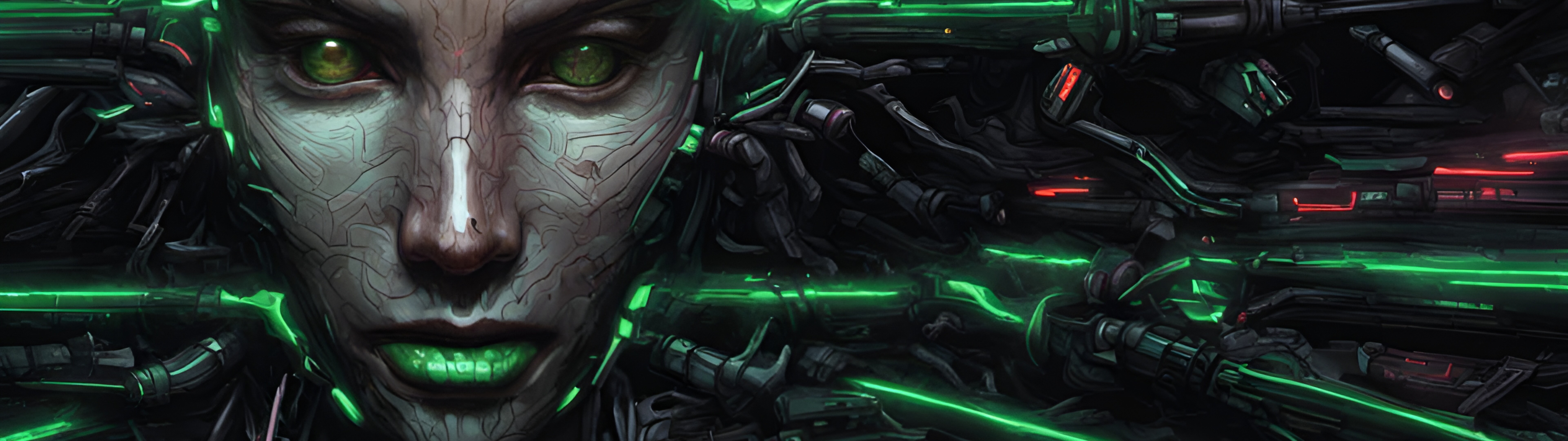 A biomechanical close-up of Shodan from System Shock, featuring glowing neural pathways and cybernetic components in a retro-futuristic style.