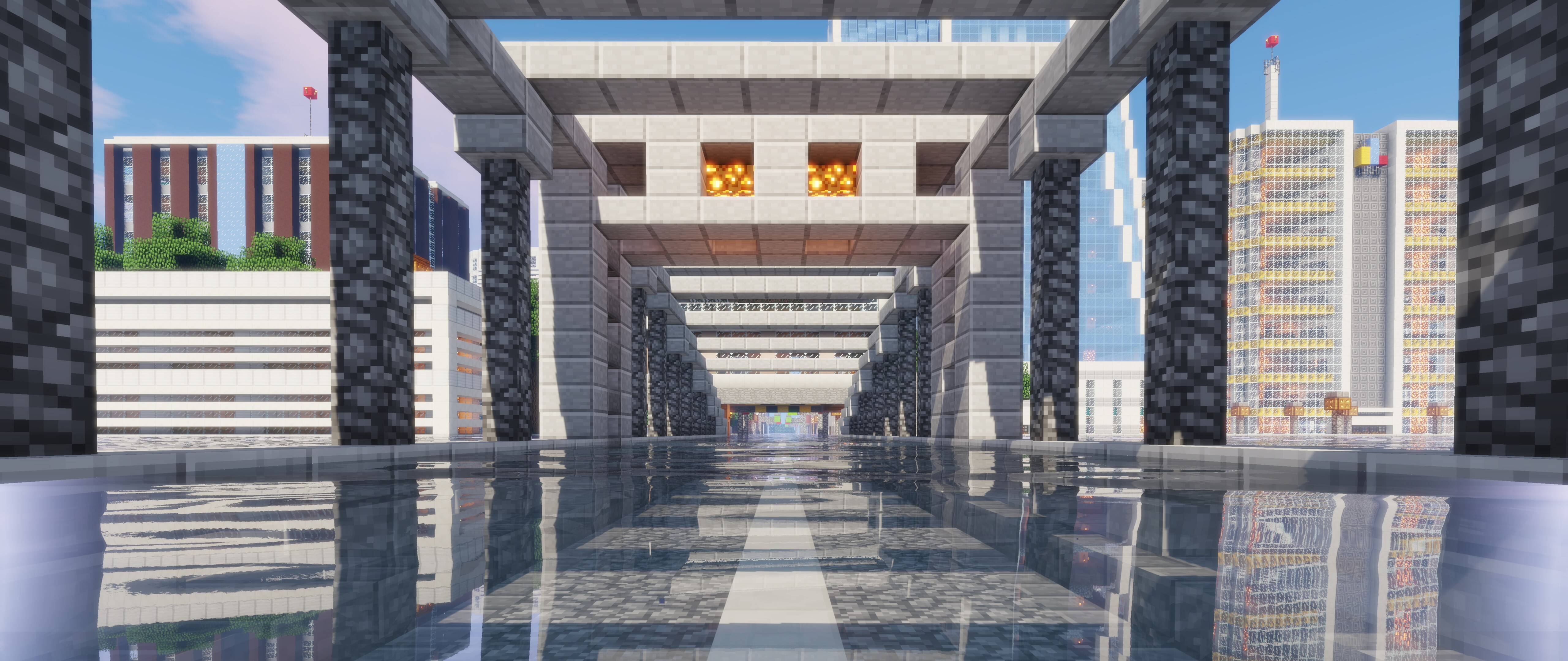 The character Steve from Minecraft standing in a beautiful blocky landscape with mountains.