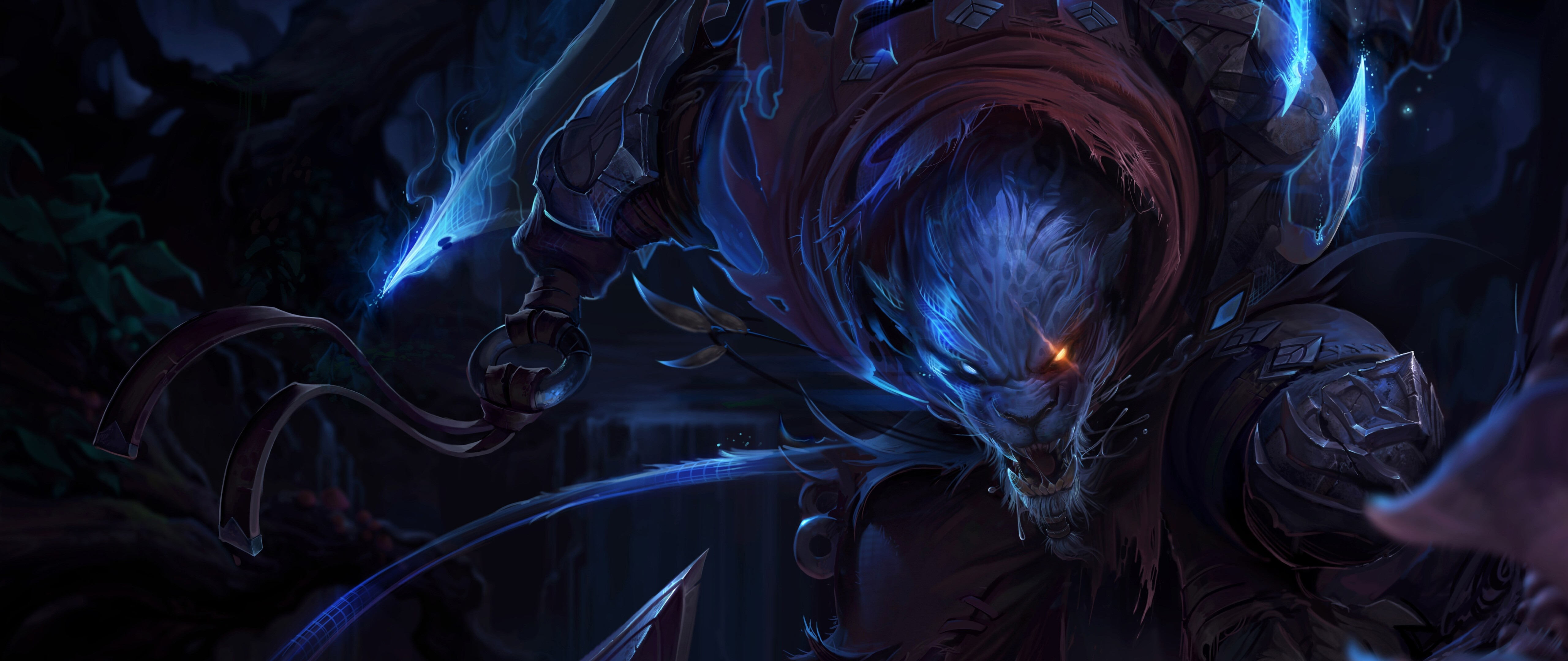 A detailed illustration of the character Rengar from League of Legends in a combat-ready pose.
