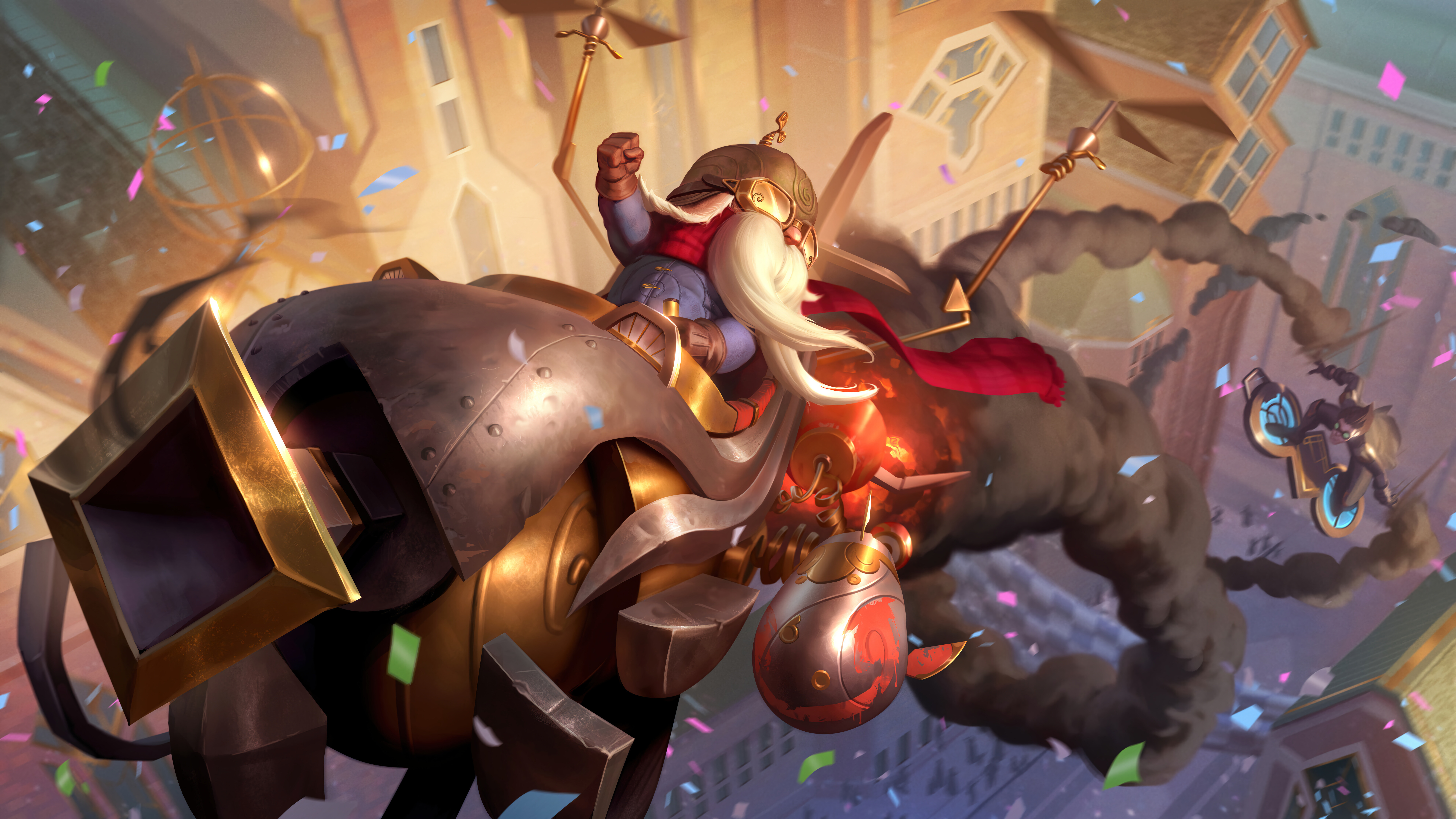 Corki from League of Legends piloting his signature aircraft in a dynamic combat setting.