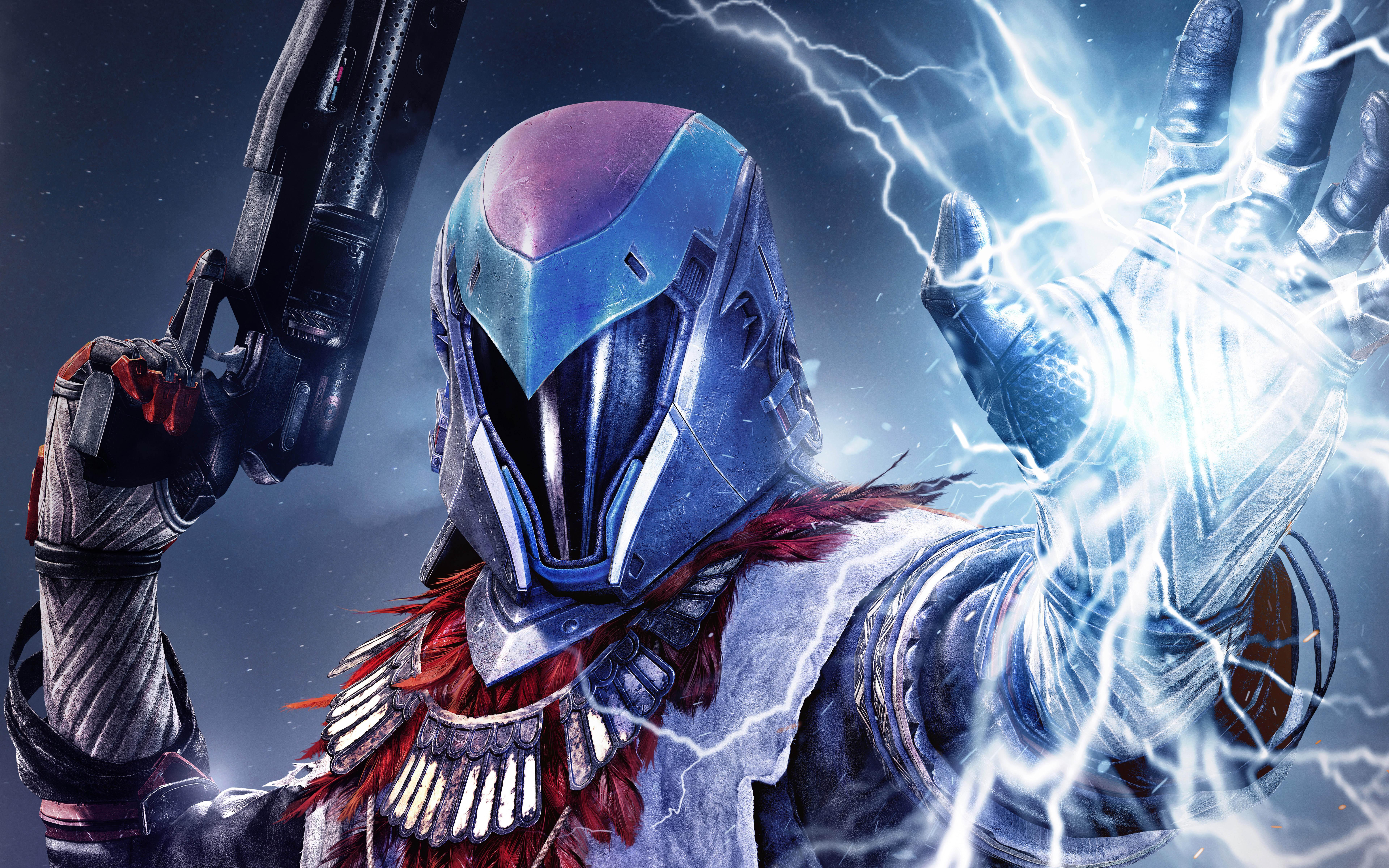 A high-detail Guardian from the Destiny video game, wearing metallic sci-fi armor and a glowing helmet, set against a backdrop of cosmic energy and space debris.