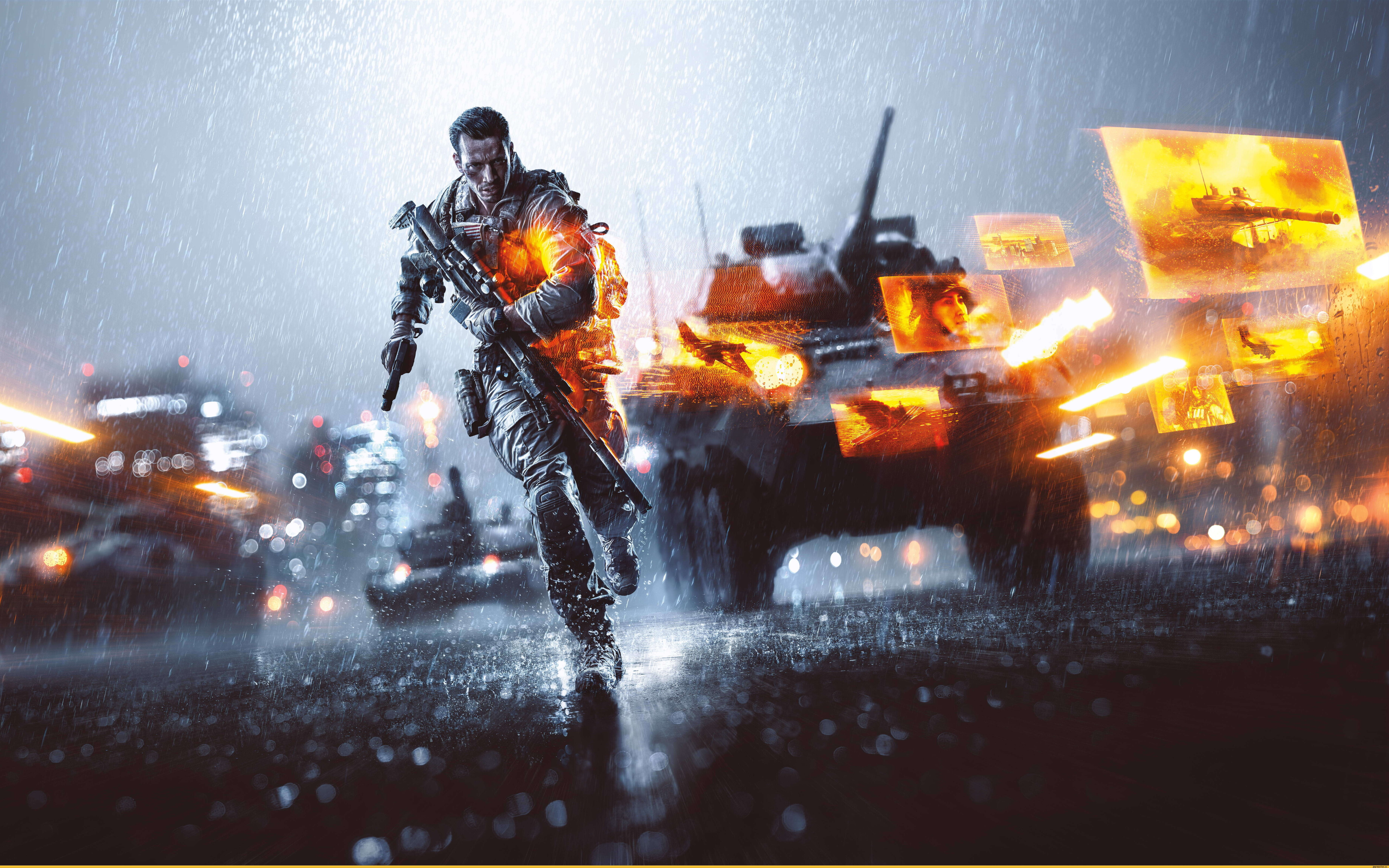 A heavy military tank traversing a smoky and debris-strewn battlefield during an intense combat operation.