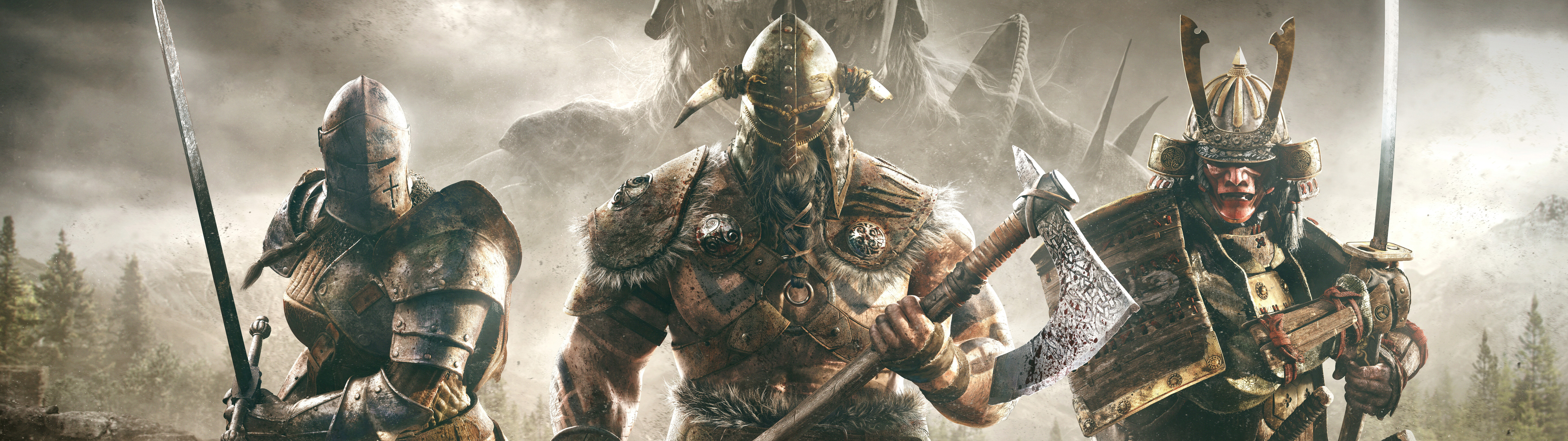 A heavily armored knight from the For Honor video game prepared for medieval combat on a battlefield.