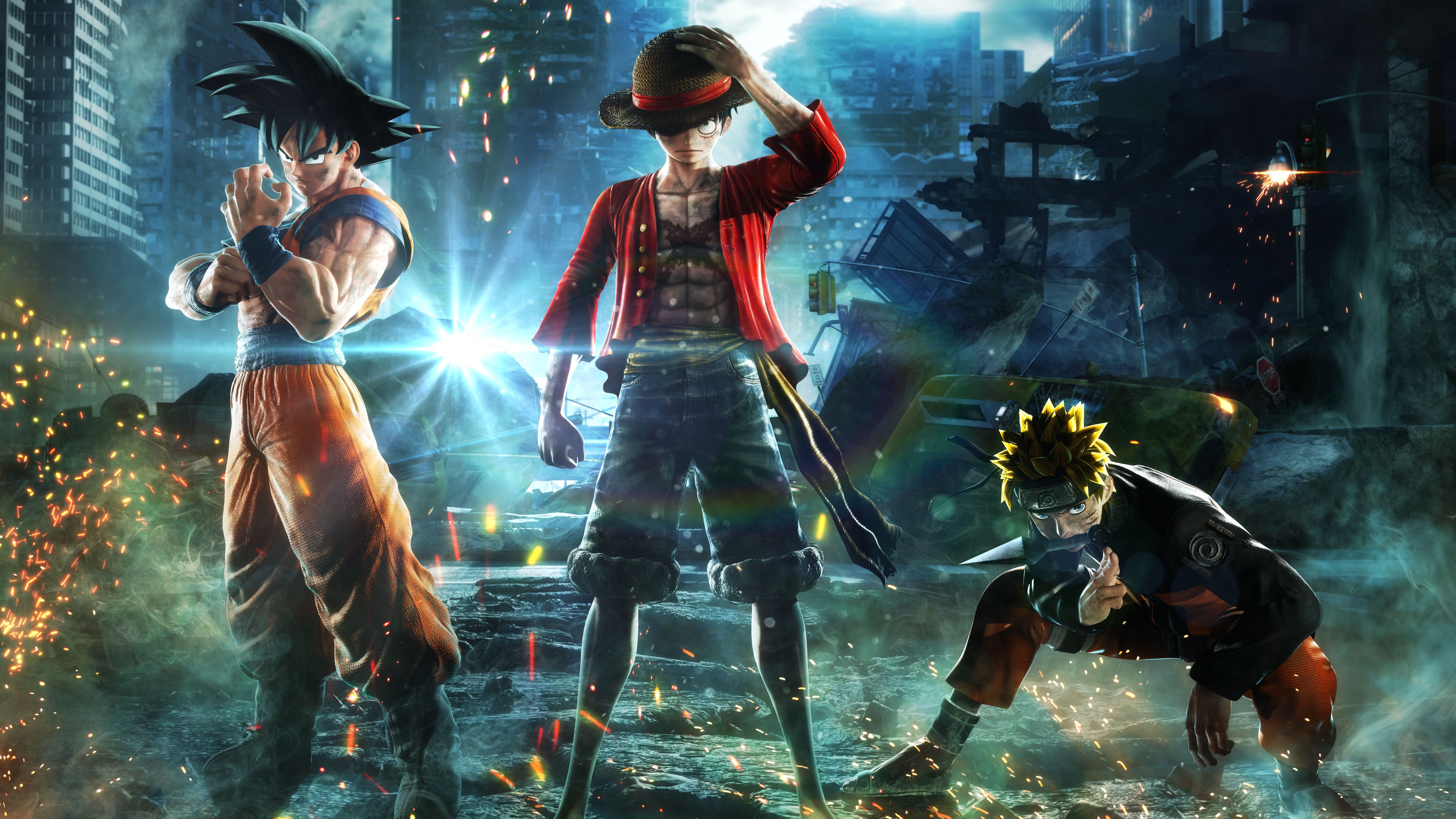 Naruto Uzumaki, Monkey D. Luffy, and Goku standing together in a dramatic battle pose inspired by Jump Force.