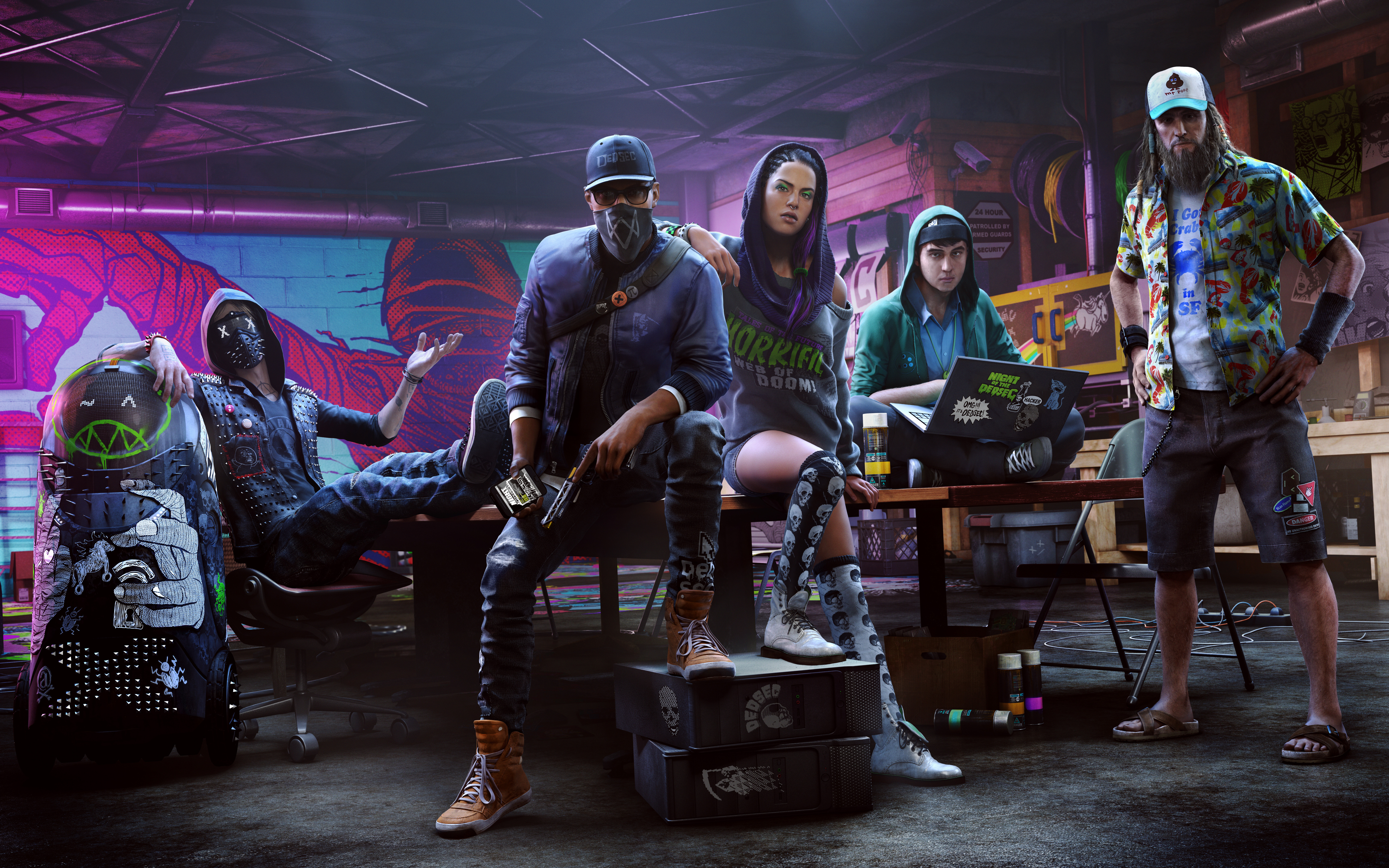 Marcus Holloway from Watch Dogs 2 standing in a tech-infused urban environment with digital hacking elements.