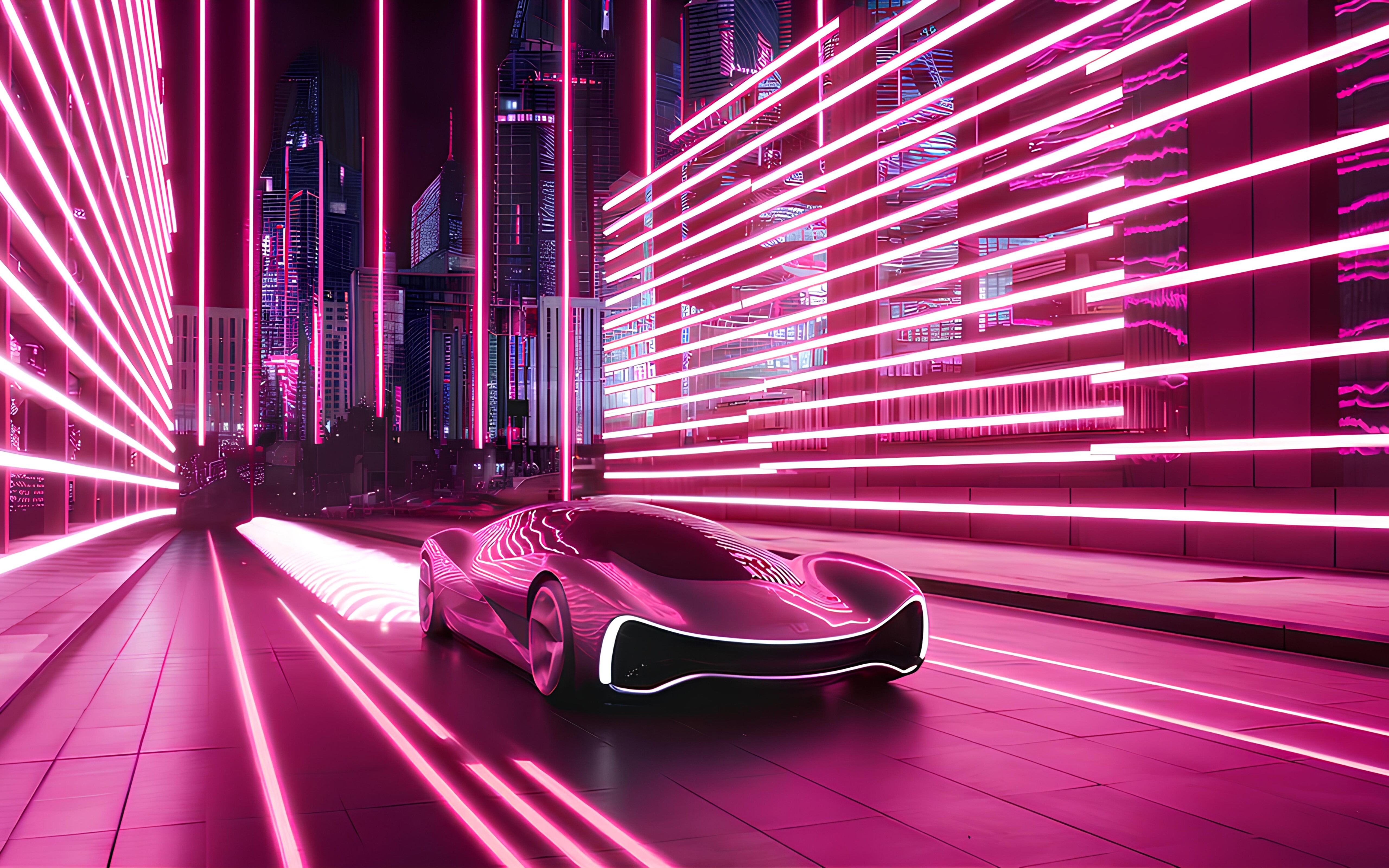 A high-tech futuristic car driving through a glowing neon cityscape at night.