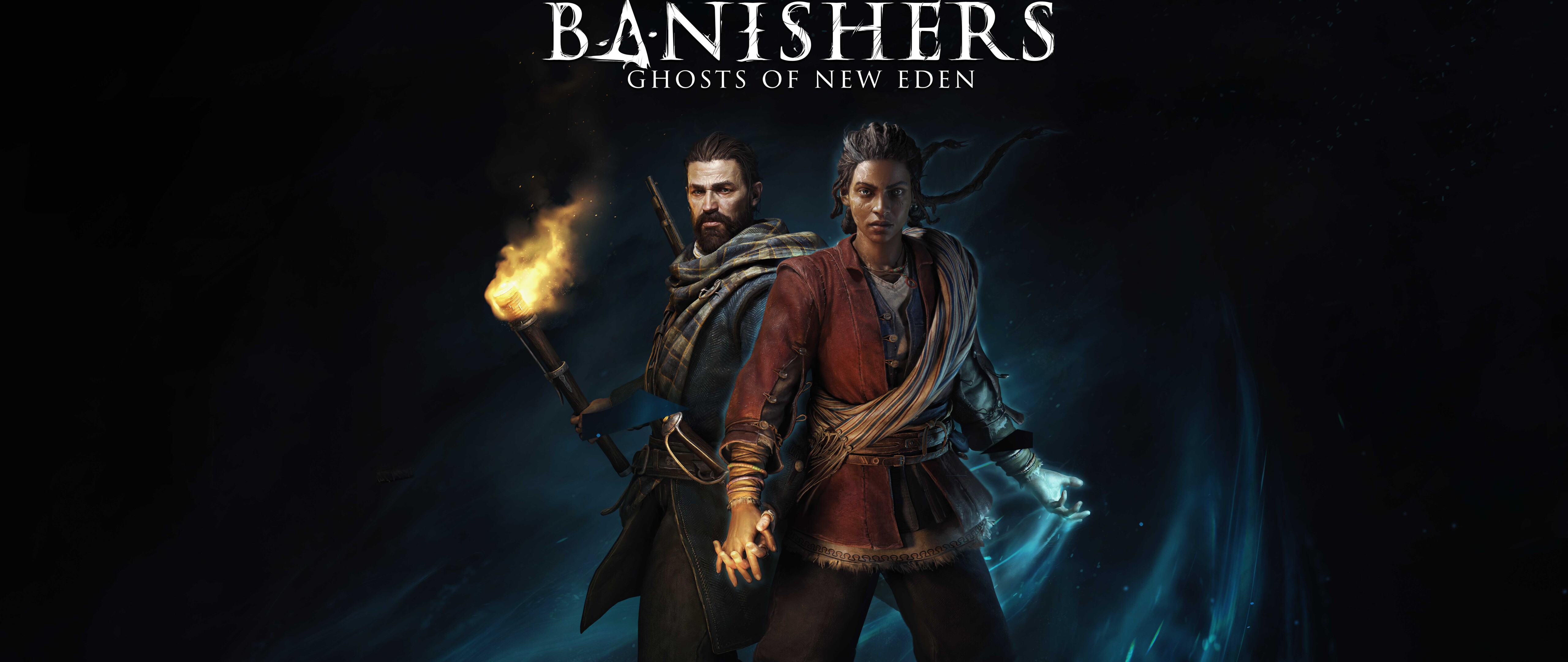 The characters Red and Antea from Banishers: Ghosts Of New Eden standing in a misty, supernatural environment.