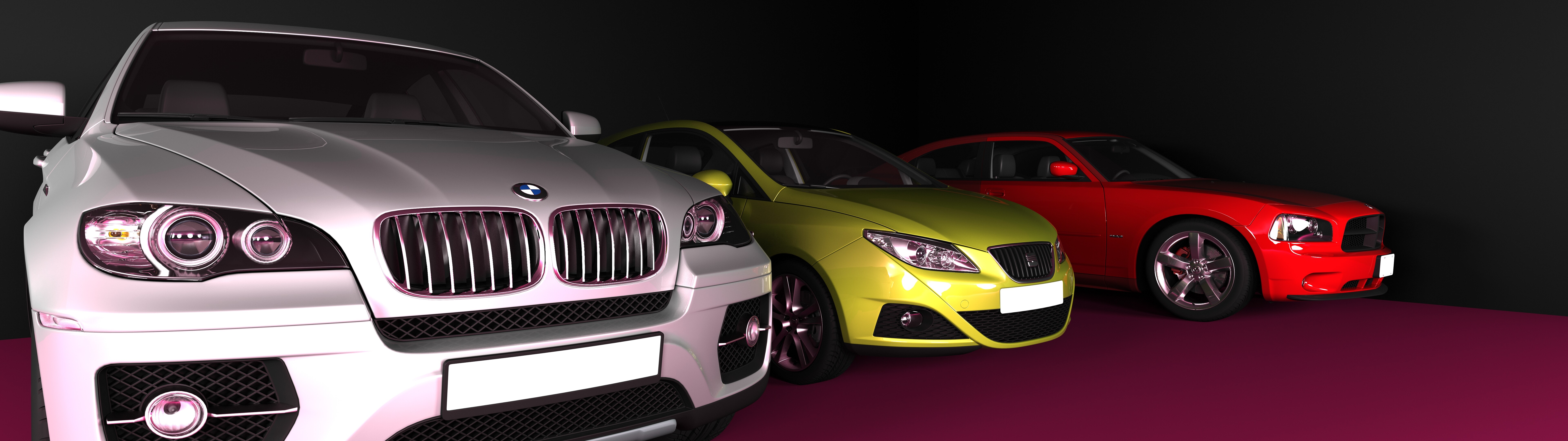 A professional 3D CGI render featuring a collection of premium cars from Dodge, Seat, and BMW.