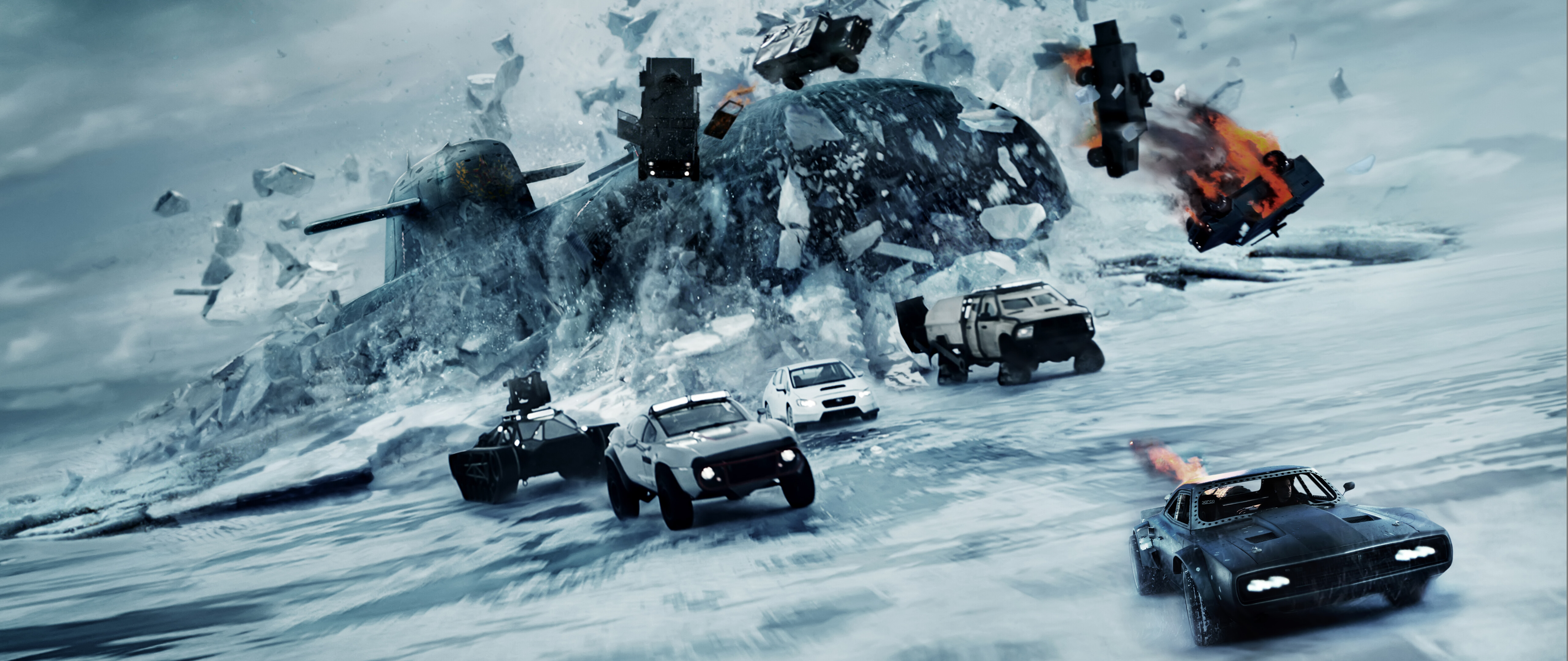 A cinematic depiction of a car and a large submarine, inspired by the action-packed sequences in The Fate Of The Furious.