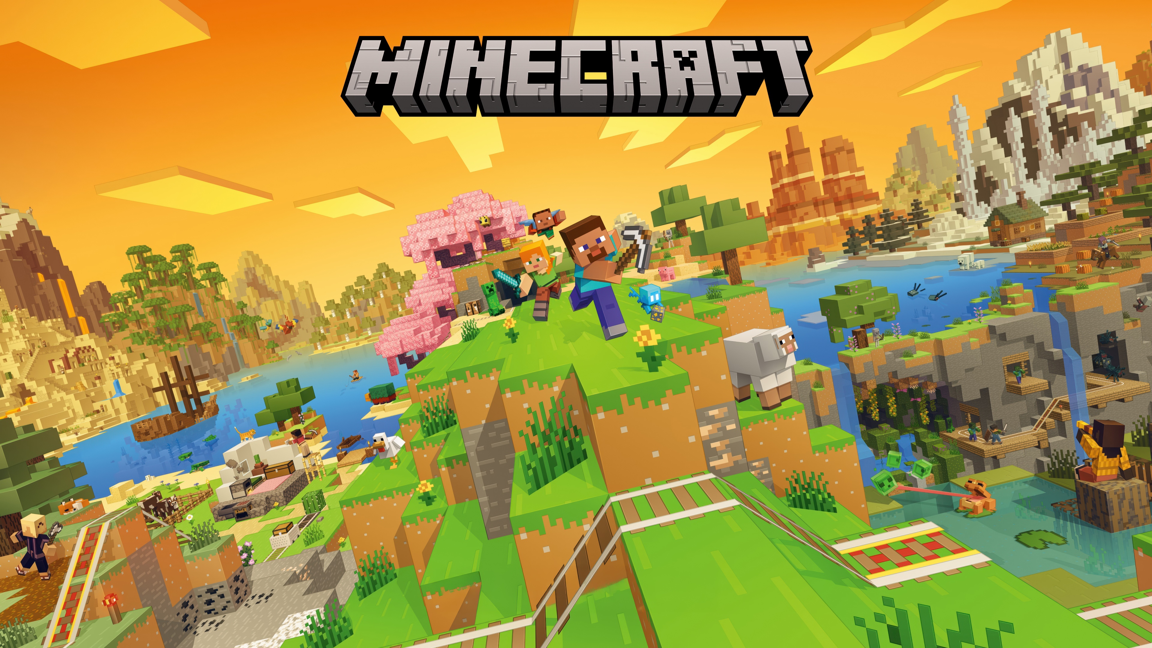 Cinematic 5K key art for Minecraft Deluxe Edition showcasing Steve in a lush, high-detail voxel world.