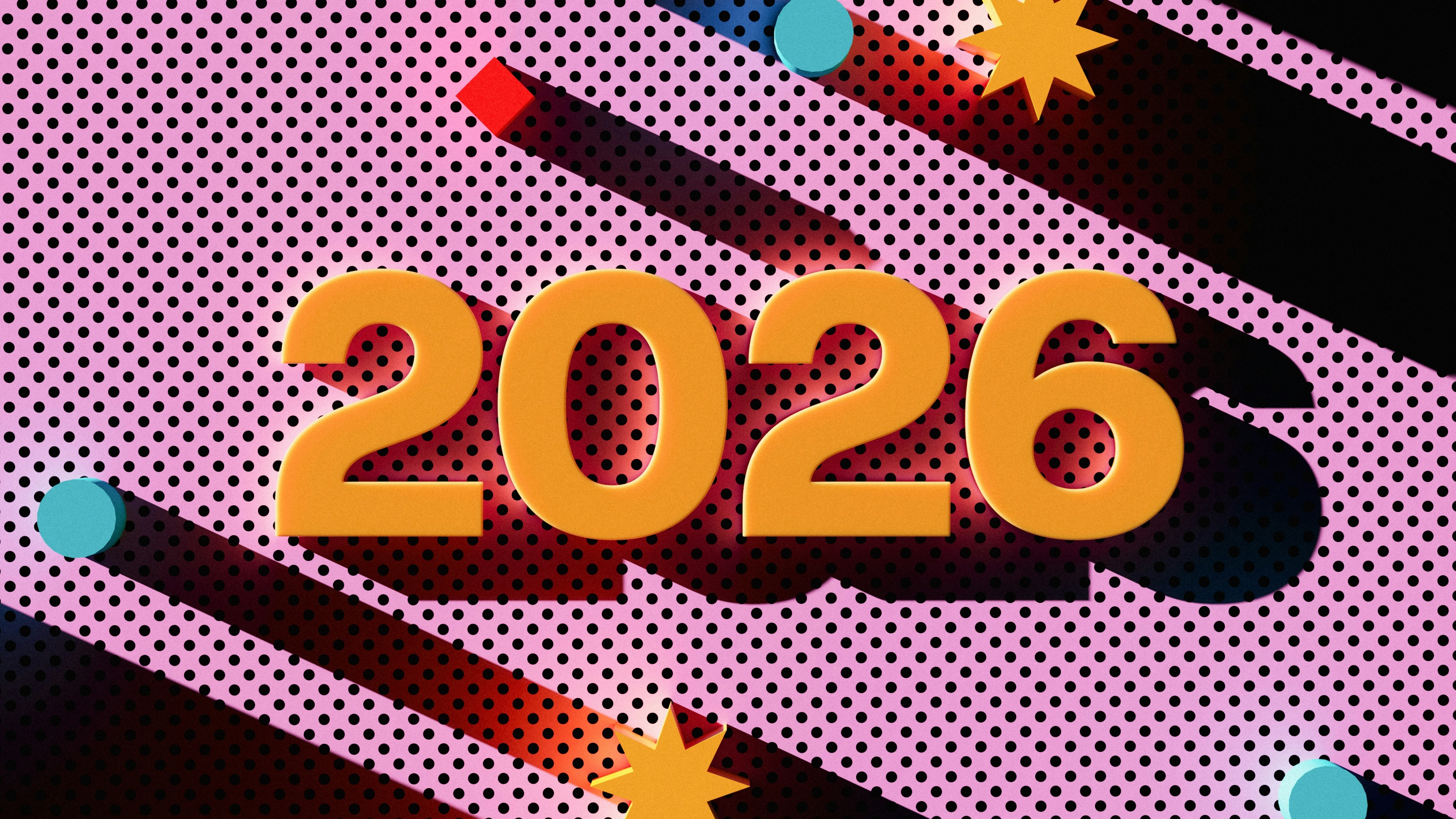 A colorful pop art illustration featuring geometric shapes and abstract patterns on a bright pink background for 2026 New Year.