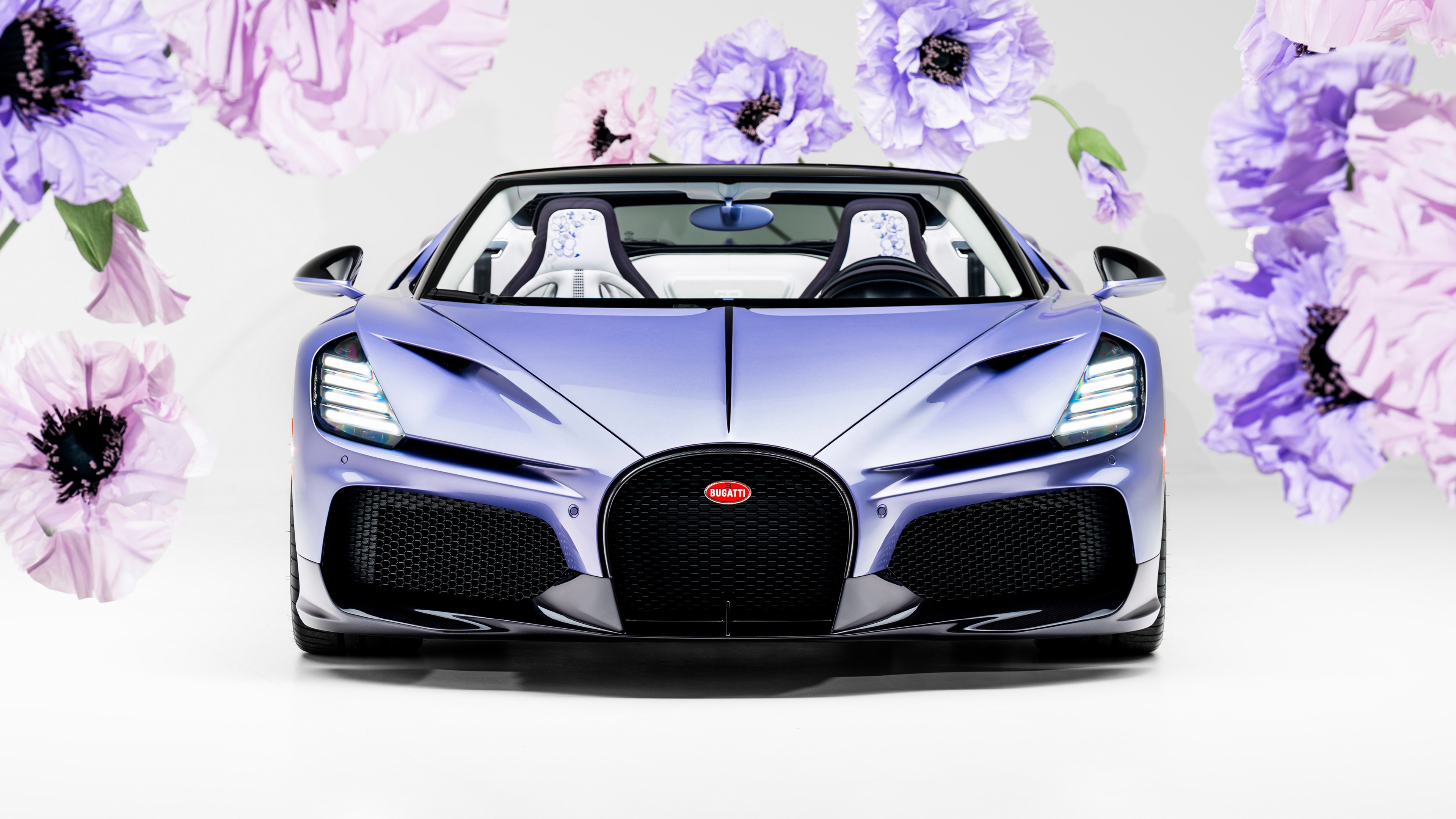 A high-resolution 5K shot of a sleek, metallic purple one-off concept car from the year 2026.