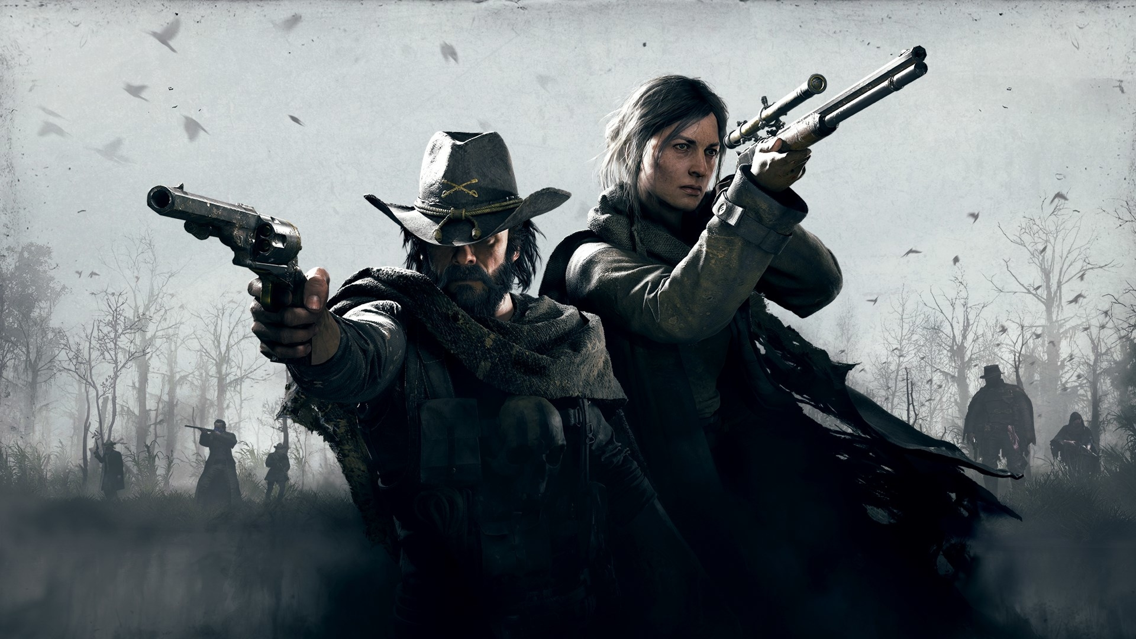 A gritty Hunter from Hunt: Showdown standing in a dark, misty swamp environment with period-accurate weaponry.