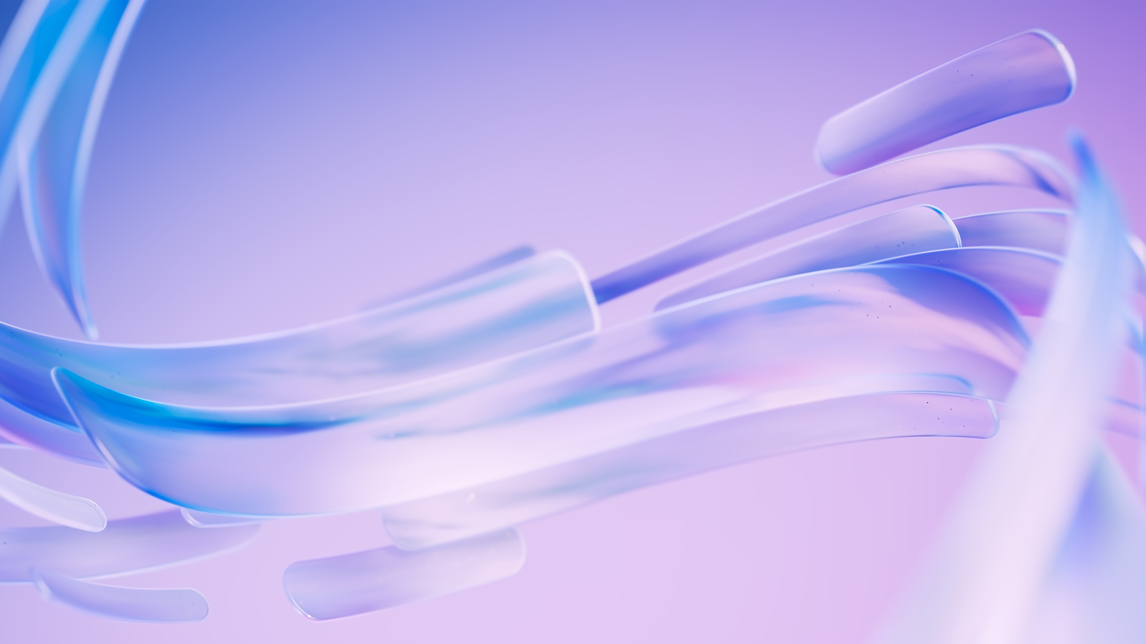 Glossy translucent blue and purple fluid shapes with refraction effects on a gradient background.