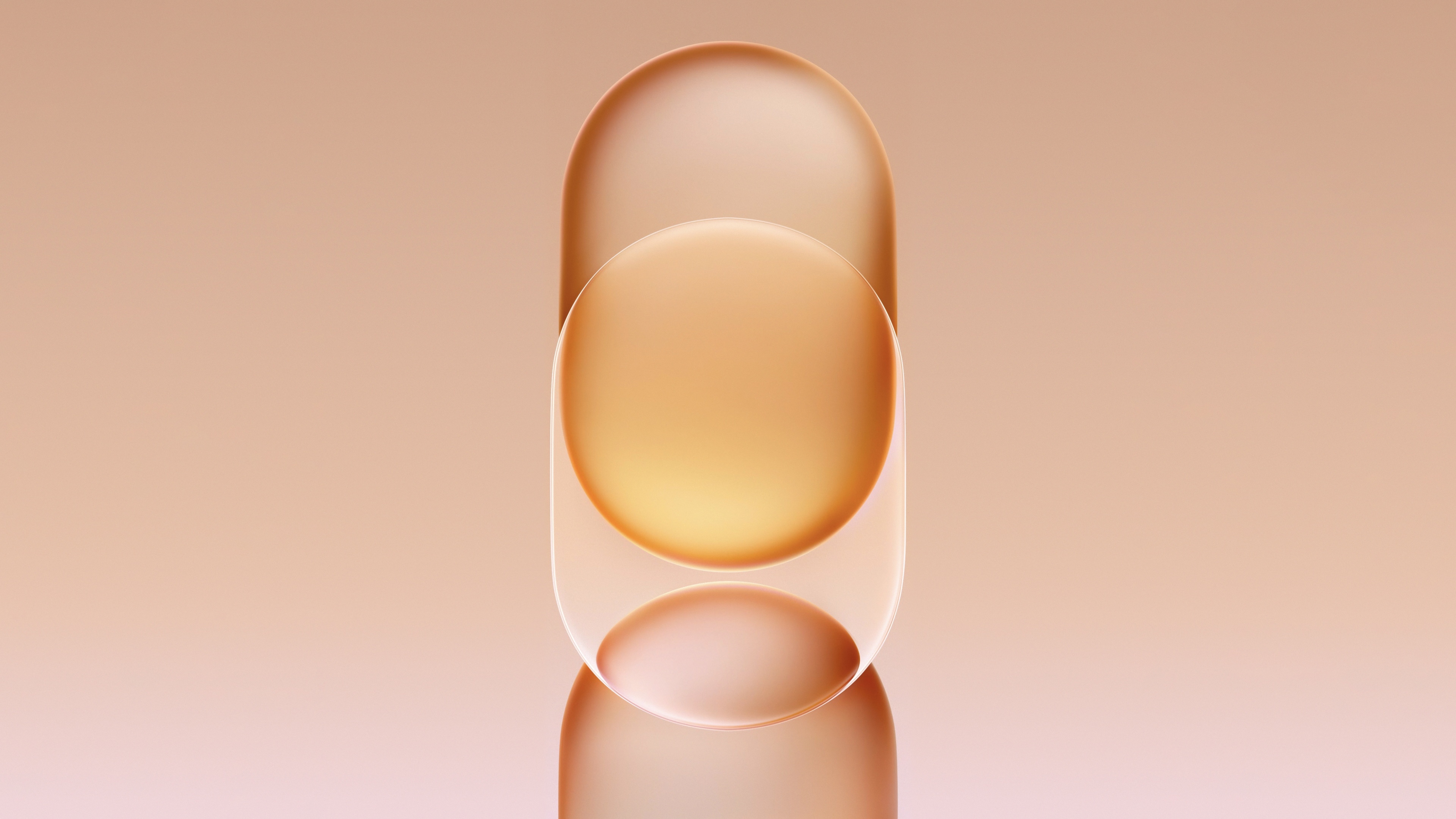 Overlapping translucent geometric shapes with a frosted glass texture on a vibrant orange gradient background.