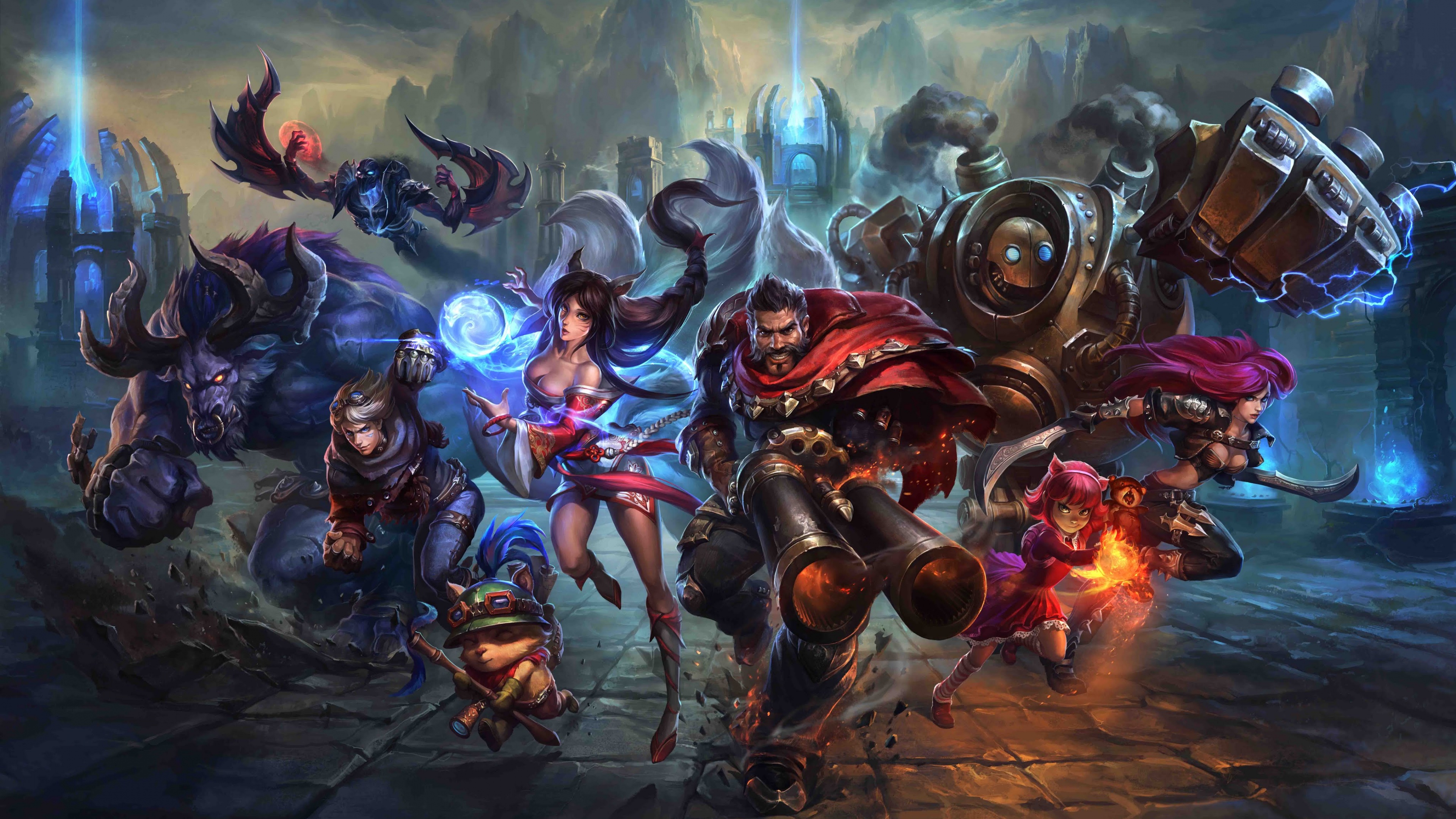 Un ritratto di gruppo dei personaggi di League of Legends, ovvero Ahri, Ezreal, Teemo, Annie e Katarina, realizzato con uno stile grafico professionale tipico dei videogiochi.