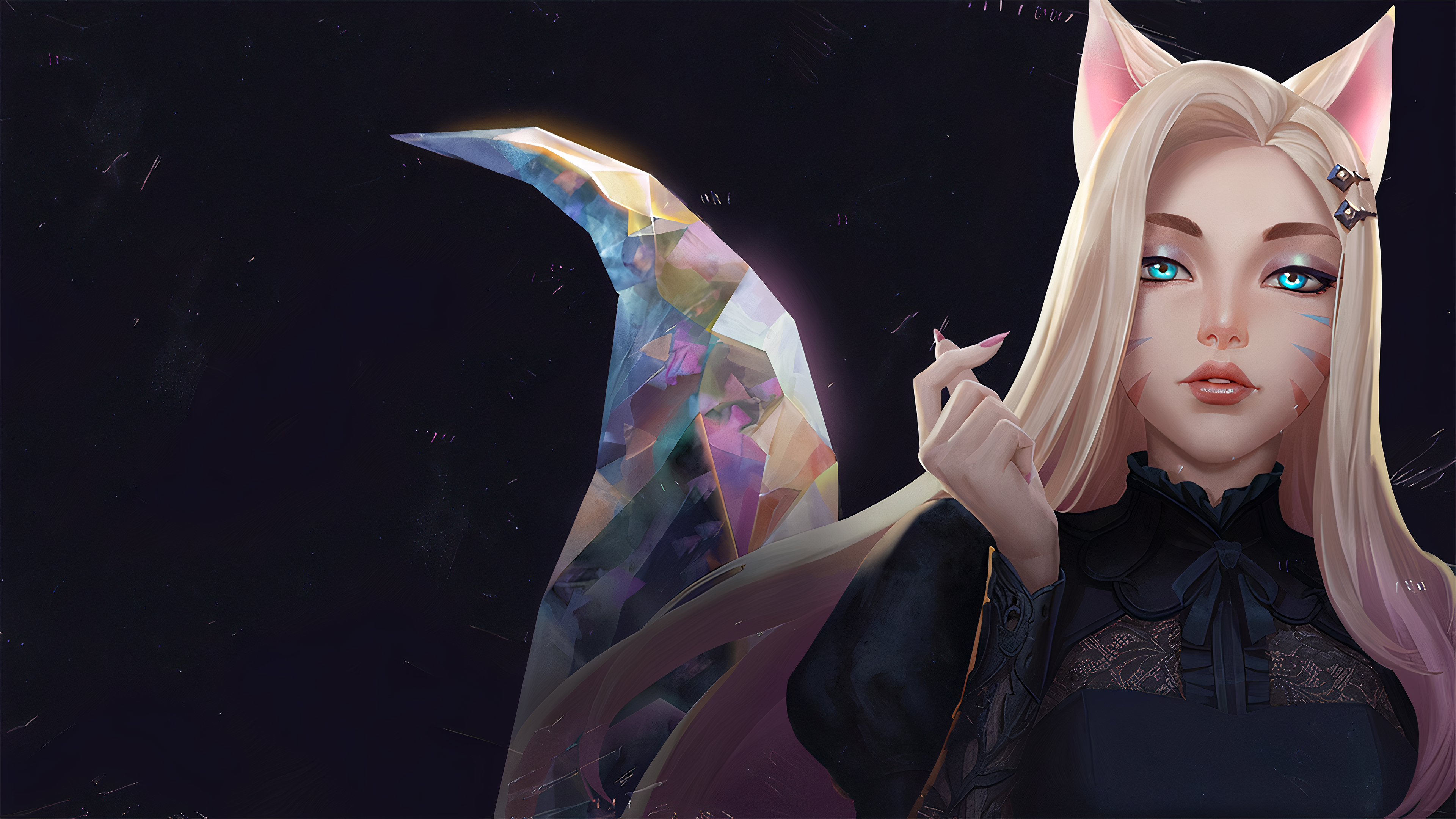 Ahri from League of Legends in her K/DA outfit with a dark, atmospheric background.