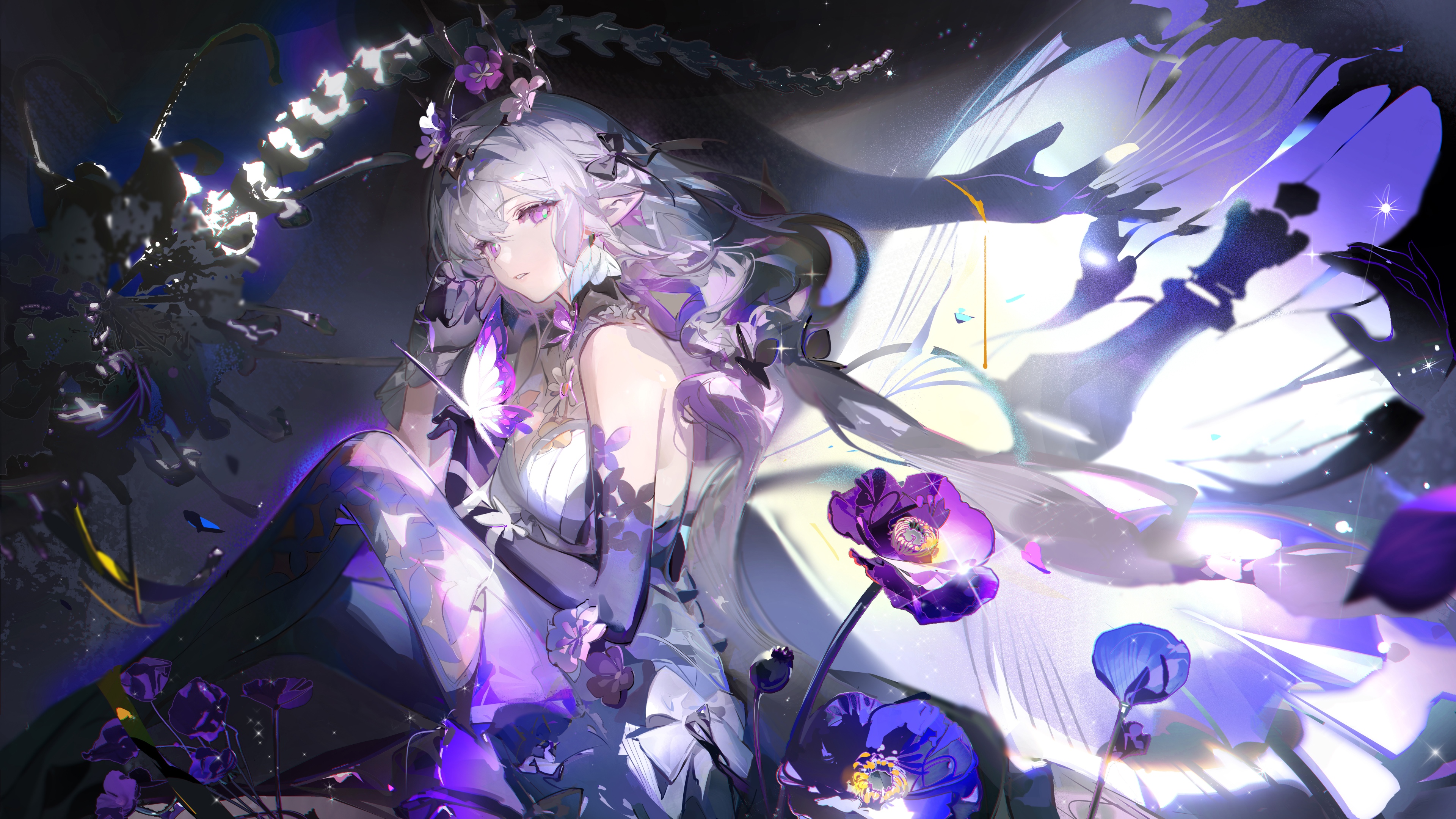 Detailed anime girl portrait with purple eyes and a purple-themed aesthetic, Honkai Star Rail style.