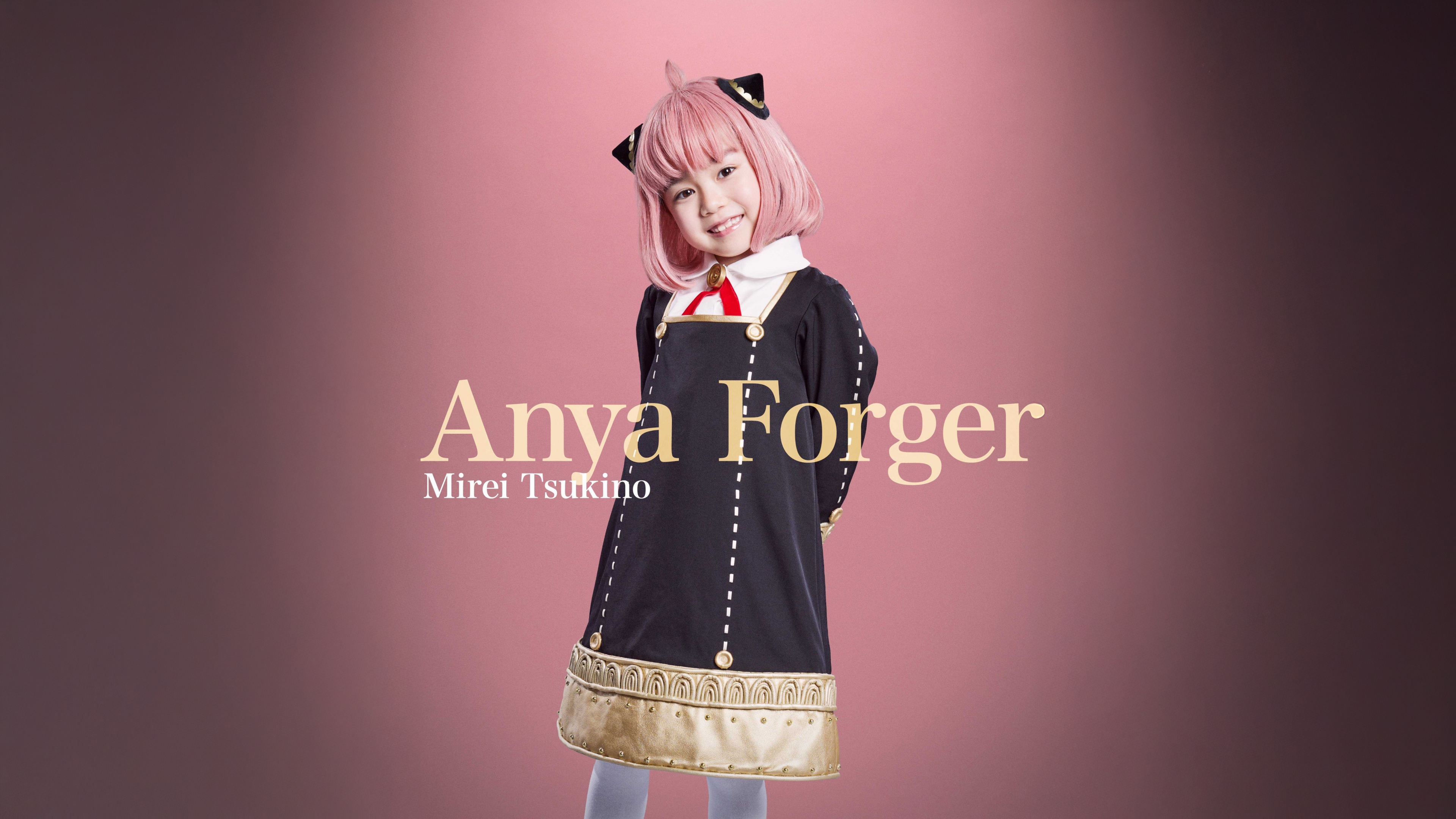 A cute anime-style portrait of Anya Forger from Spy x Family with a soft pink aesthetic.