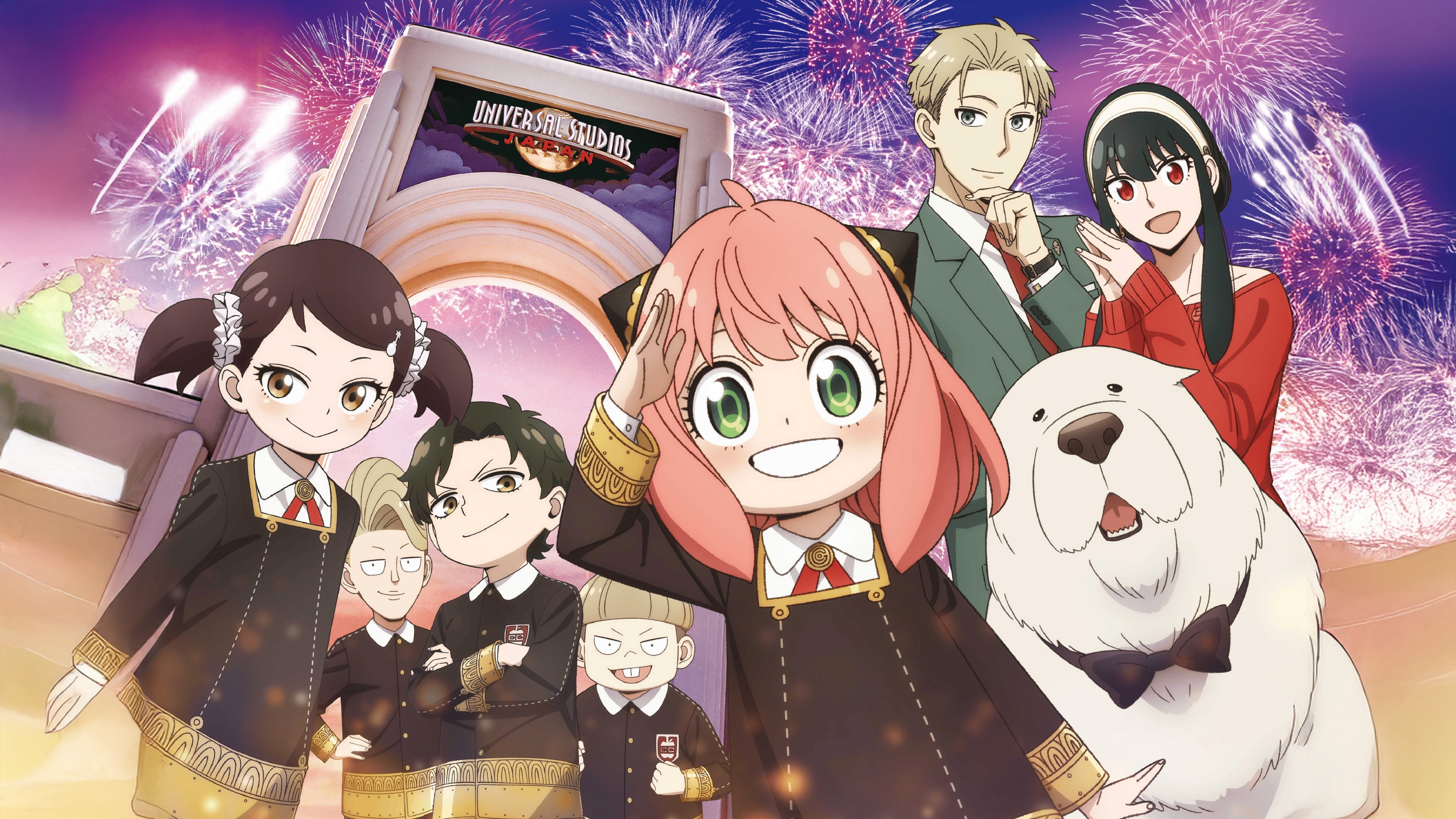 Anya Forger from Spy x Family looking up at a magnificent and colorful fireworks display in the night sky.