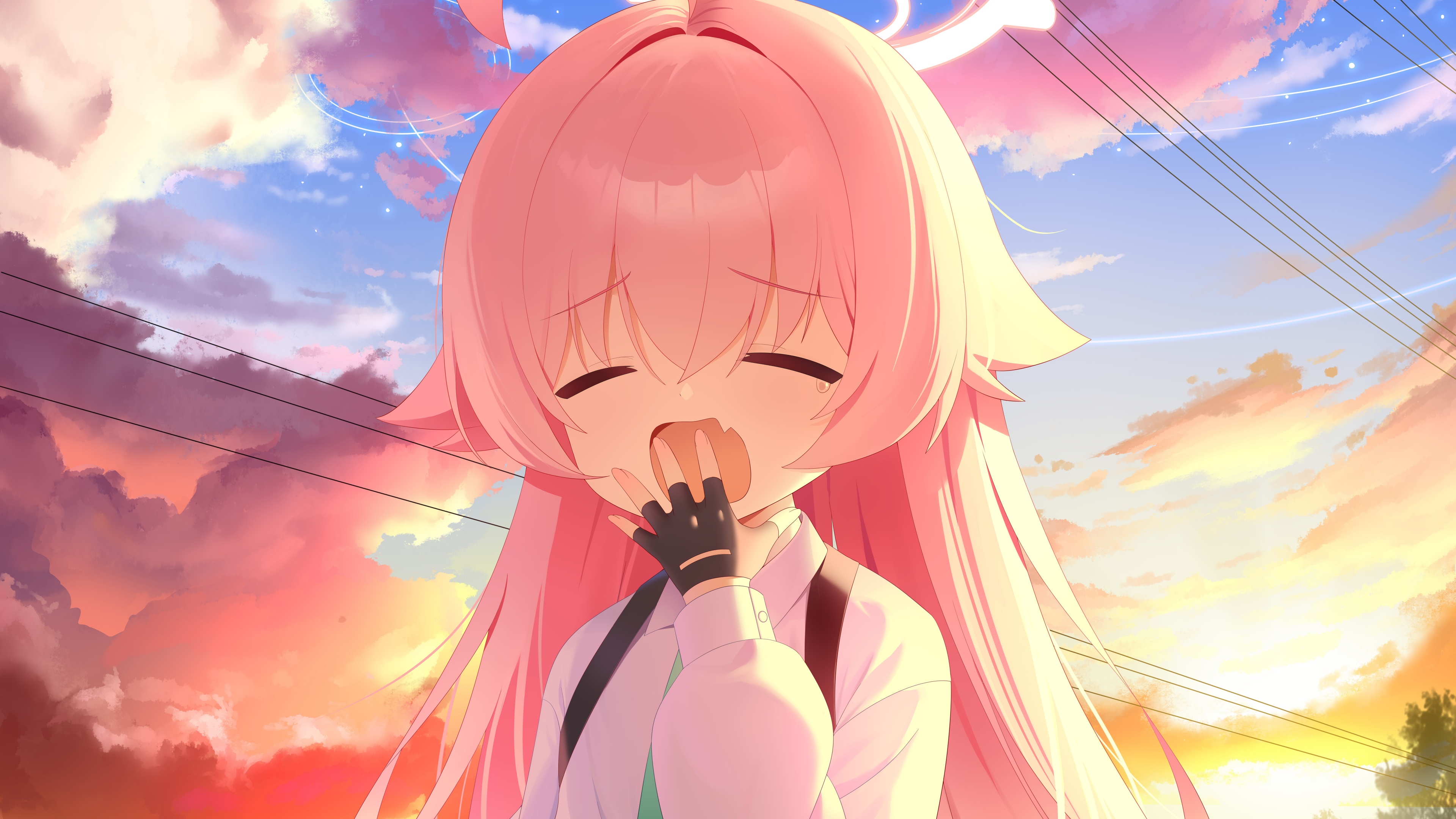 Aris from Blue Archive with pink hair yawning during a colorful sunset.