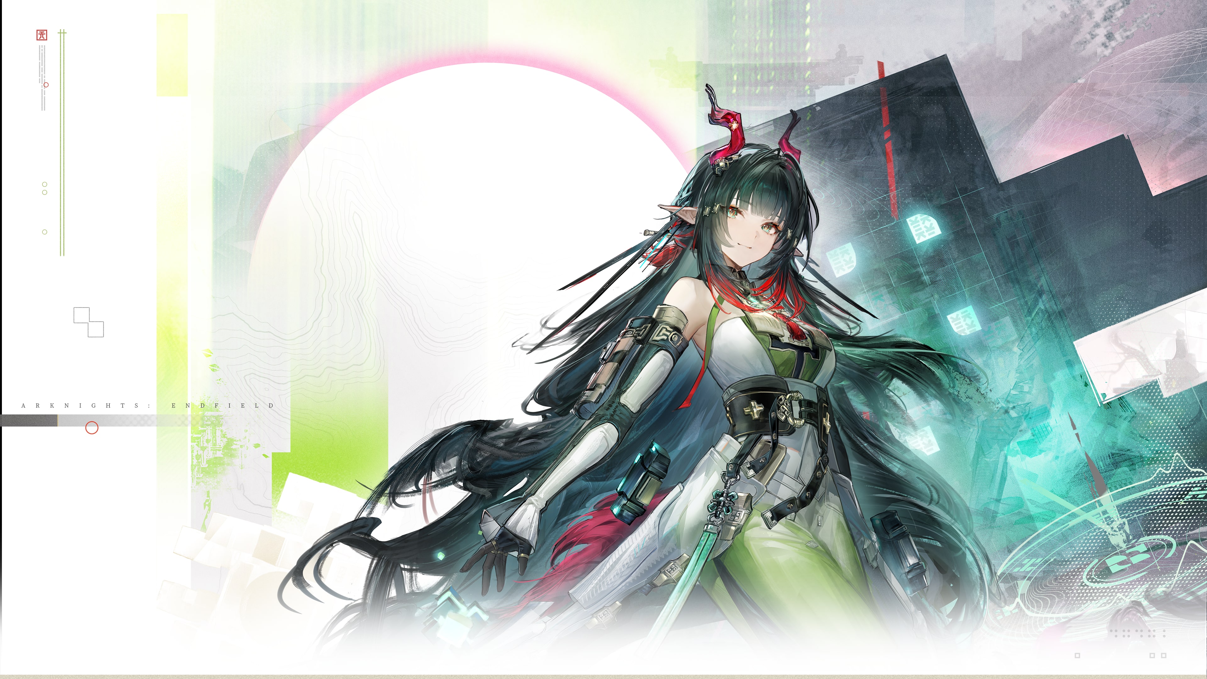 Anime girl wearing futuristic tactical tech-wear inspired by Arknights: Endfield