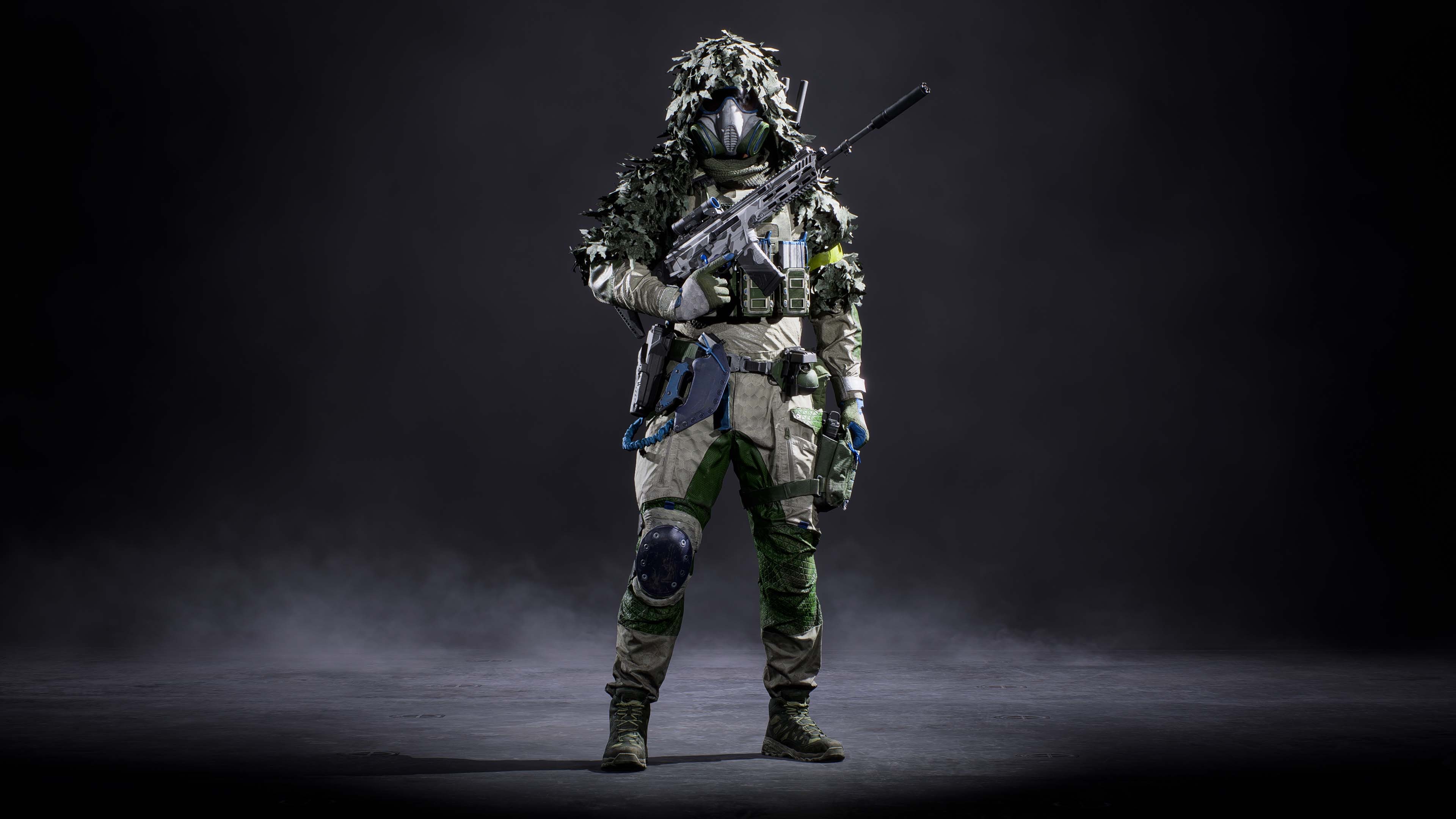 A tactical recon sniper in dark military gear peering through a scope in a shadowy battlefield environment.