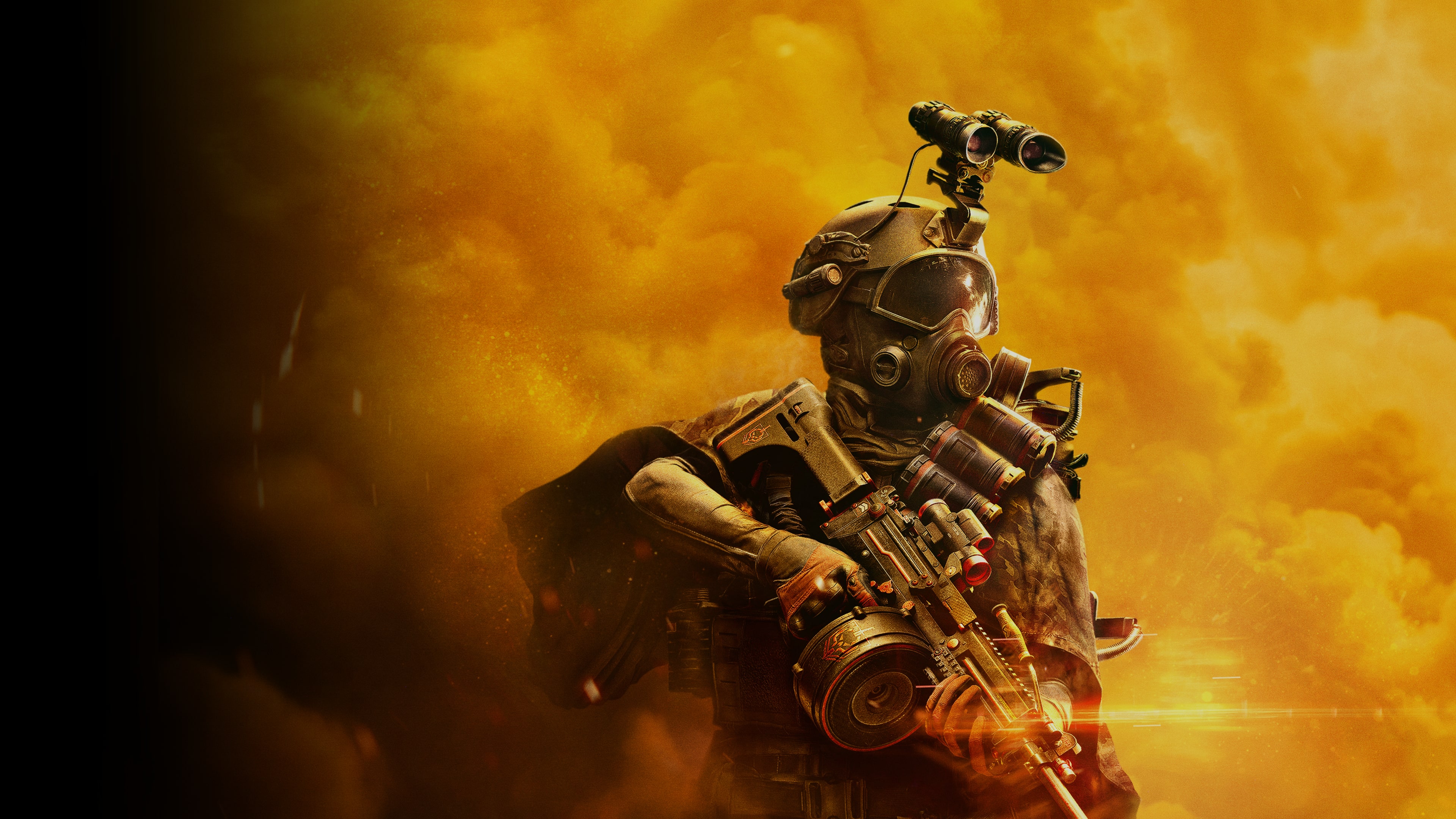 A soldier in advanced tactical gear amidst a smoking, war-torn battlefield.