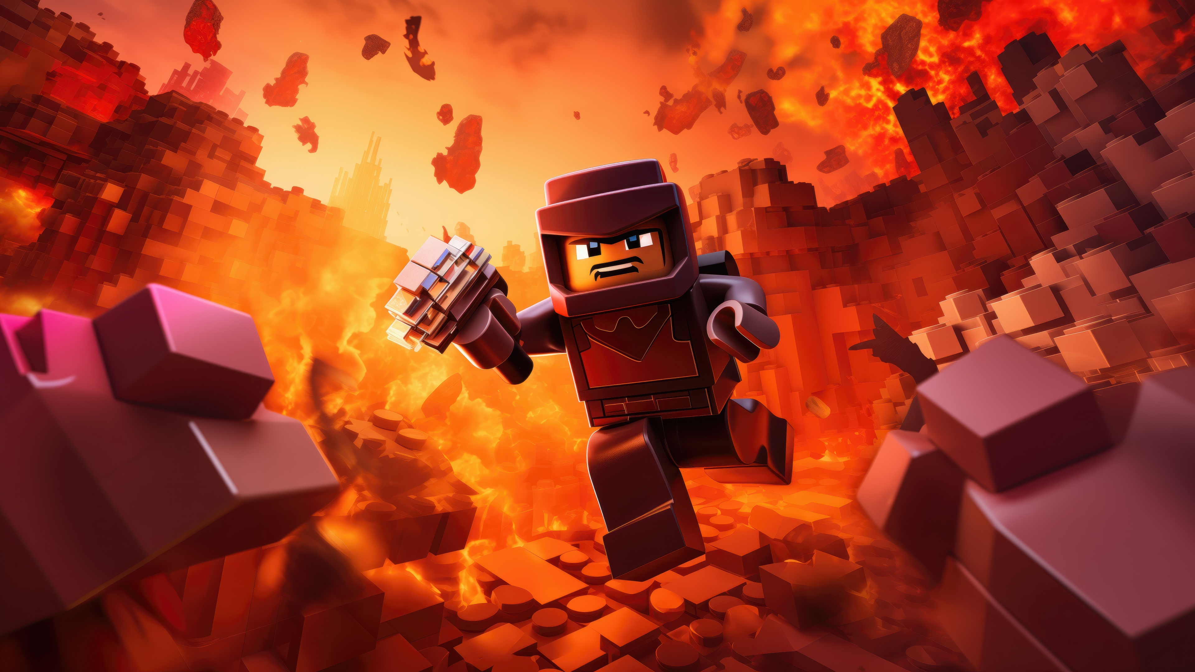 A 3-dimensional blocky character made of colorful plastic bricks standing in a vibrant, stylized video game landscape.