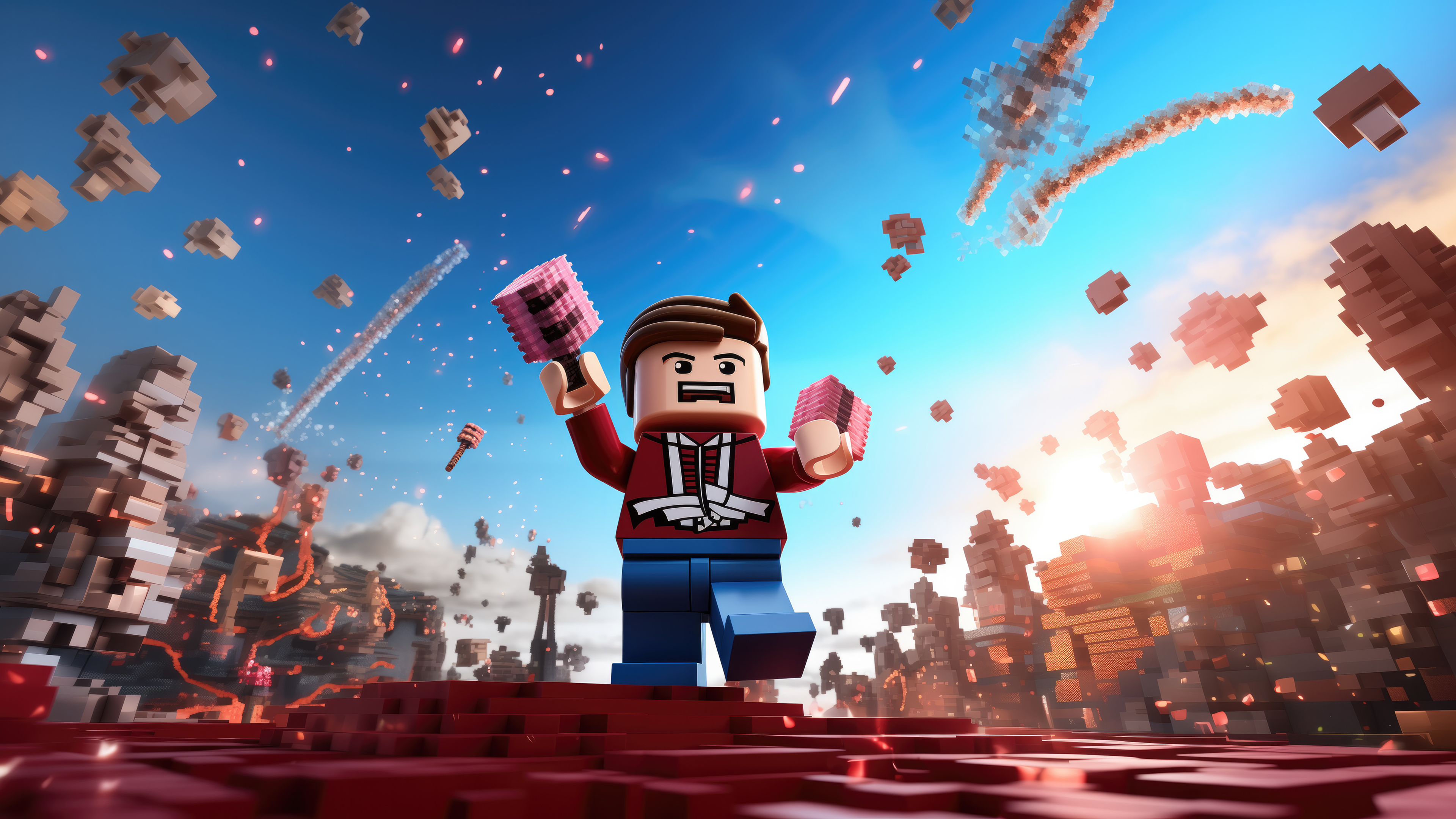 A 3D character made of colorful blocks and pixelated textures, blending LEGO and Roblox styles.