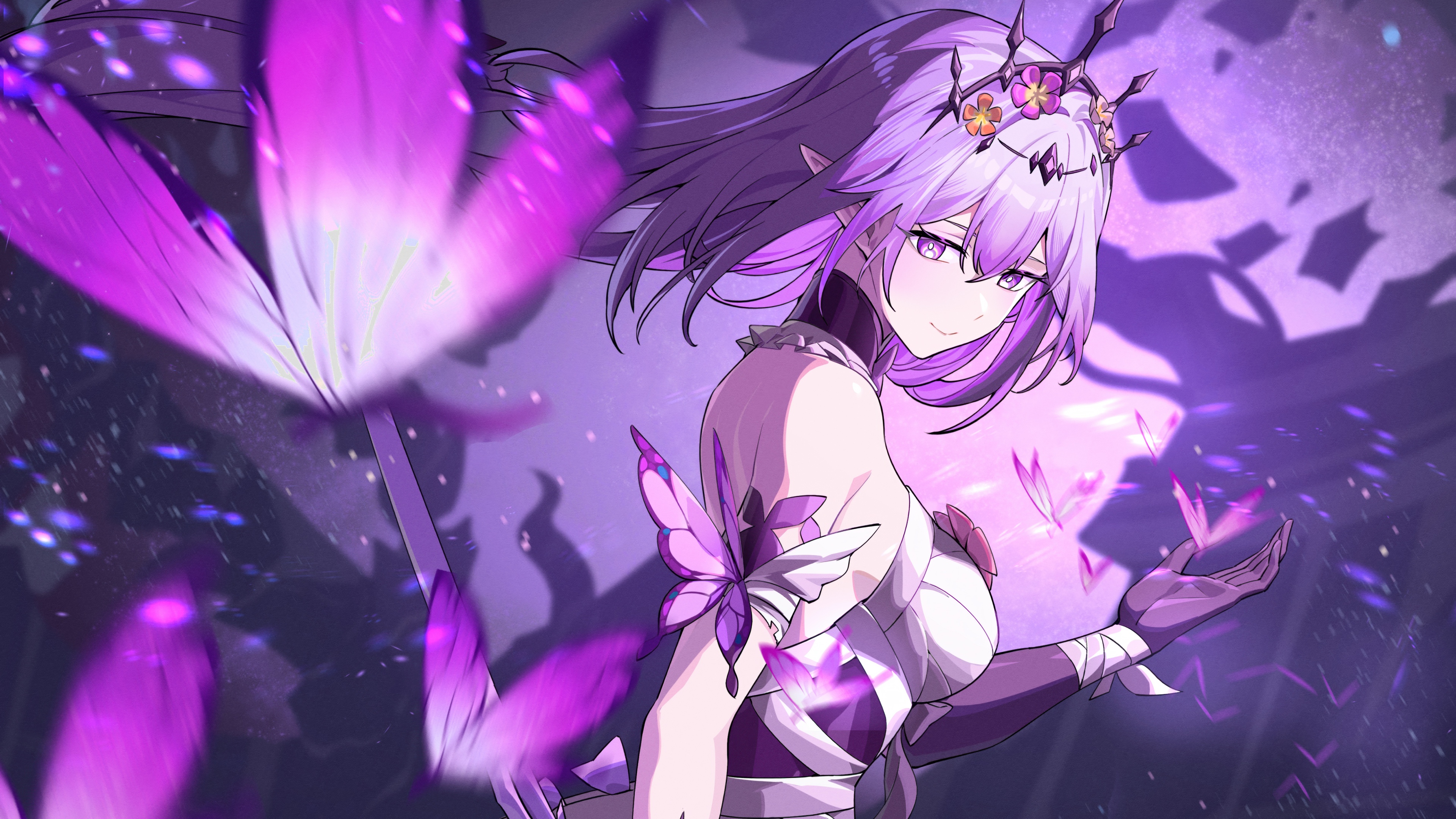 An anime girl named Castorice surrounded by magical purple butterflies and glowing mystical energy.