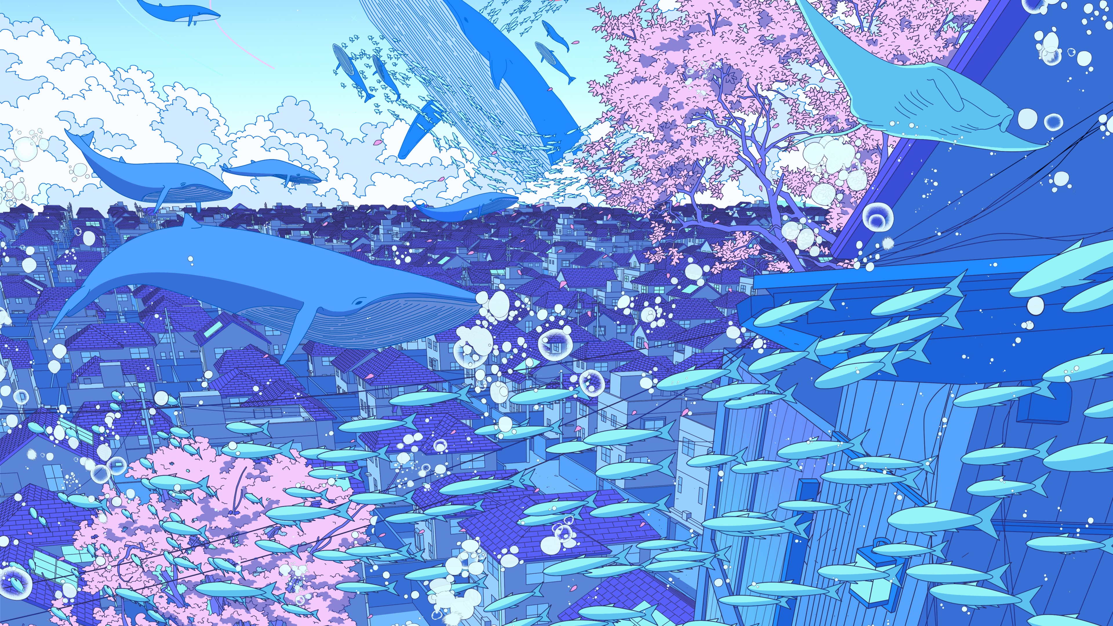 A surreal anime-style illustration of a Japanese girl surrounded by floating cherry blossoms, large whales, and colorful fish in a dreamlike atmosphere.