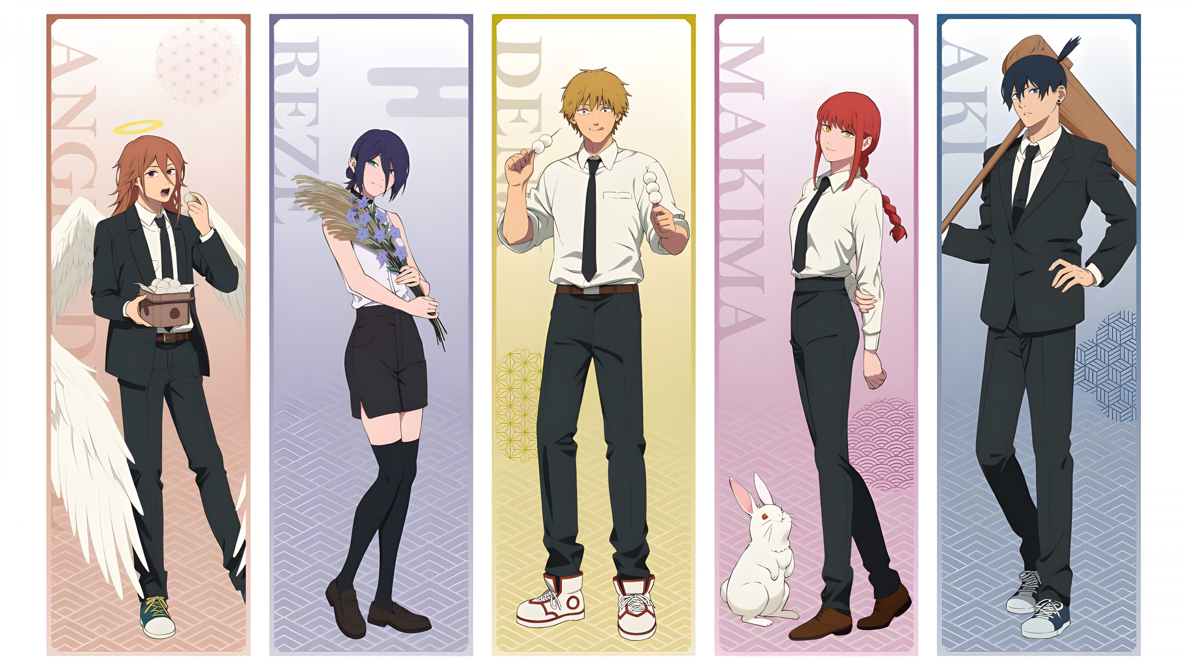 A dramatic character poster showcasing Denji, Reze, and Makima from the anime and manga series Chainsaw Man.
