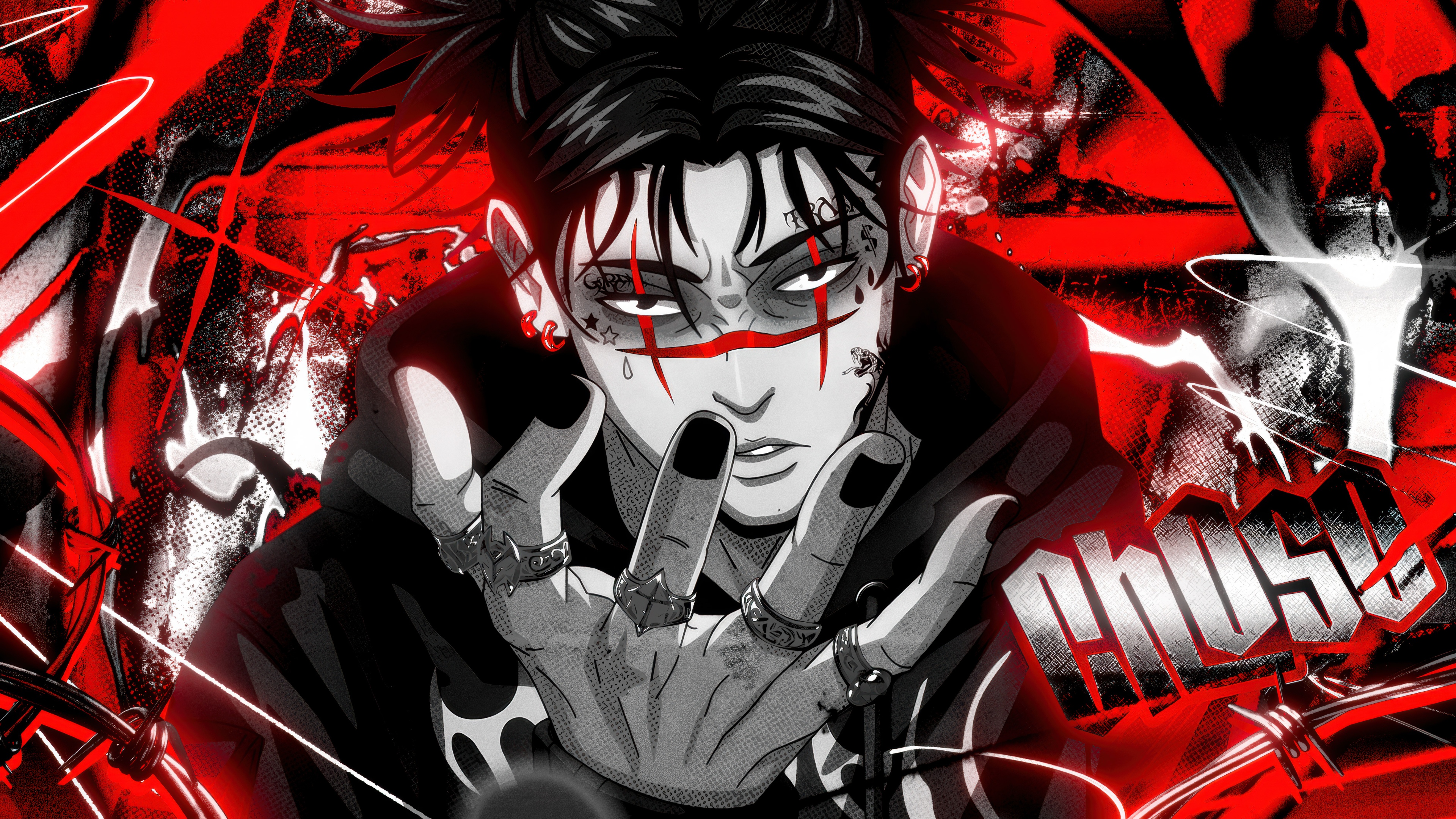 A dramatic, high-detail portrait of Choso from Jujutsu Kaisen featuring a vibrant red aesthetic.