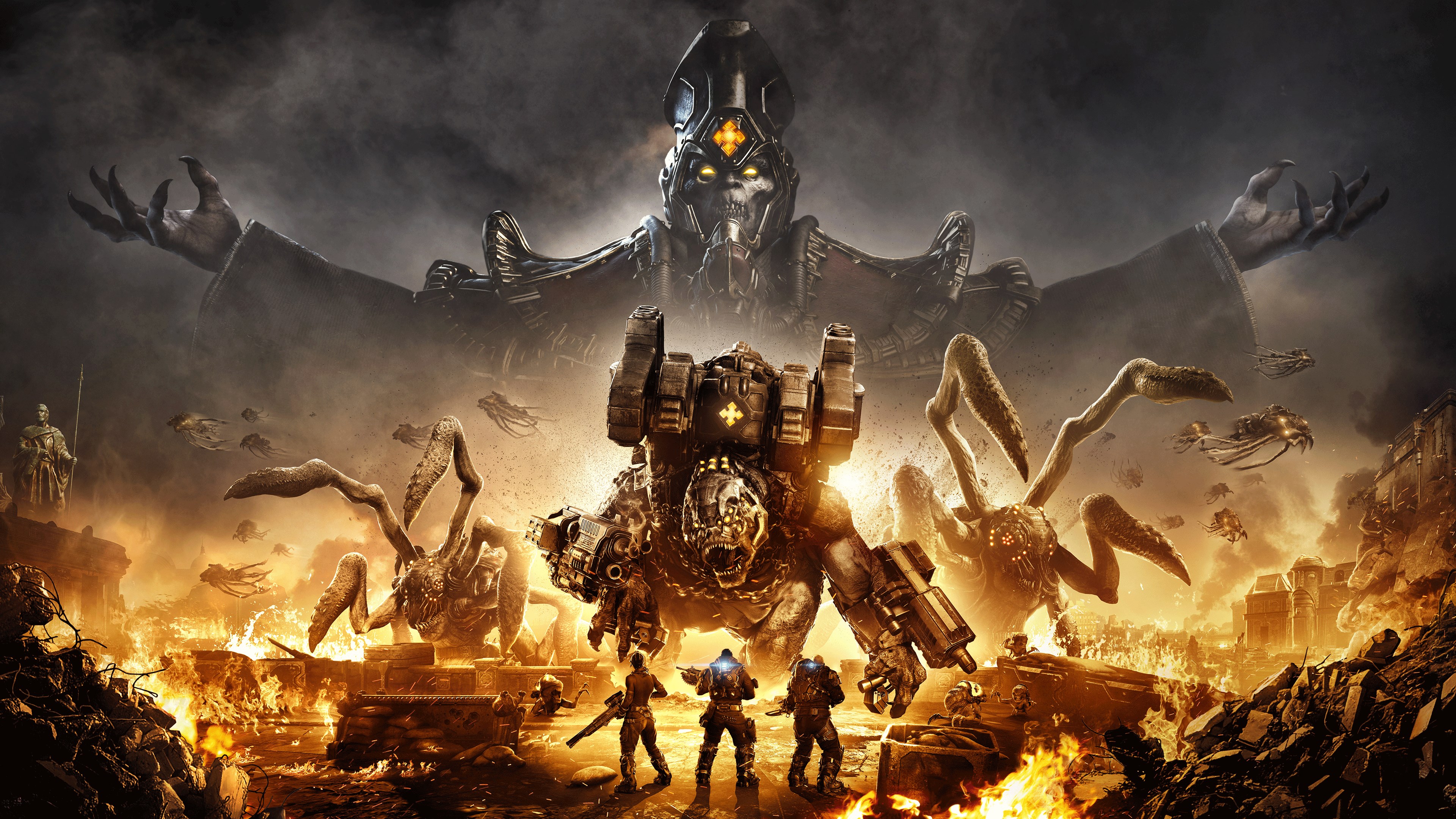 A close-up of a cybernetic soldier with glowing blue lights and intricate armor plating in a dark, atmospheric environment.