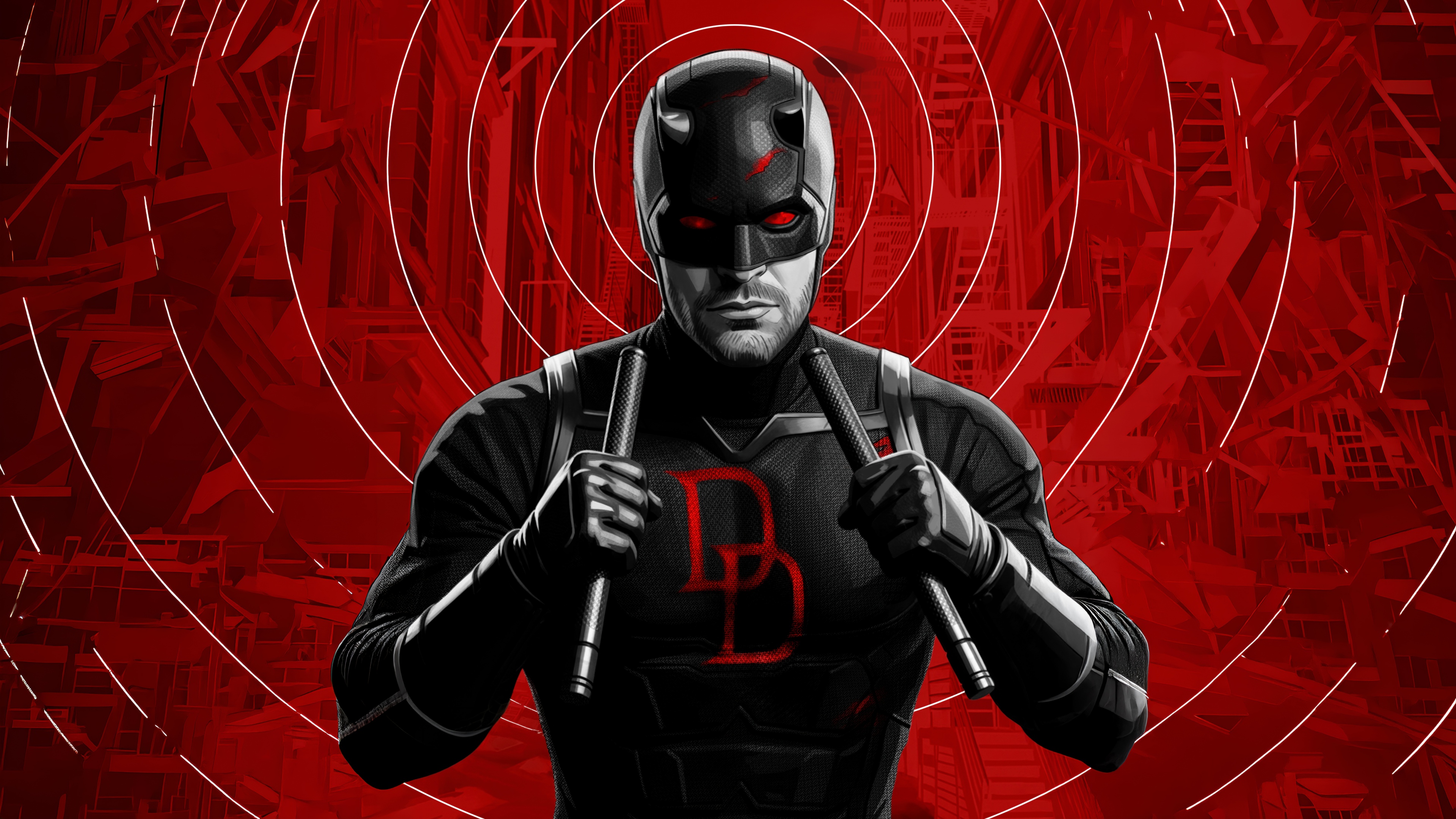 Daredevil wearing a black suit against a vibrant red background, inspired by Marvel's Daredevil: Born Again.