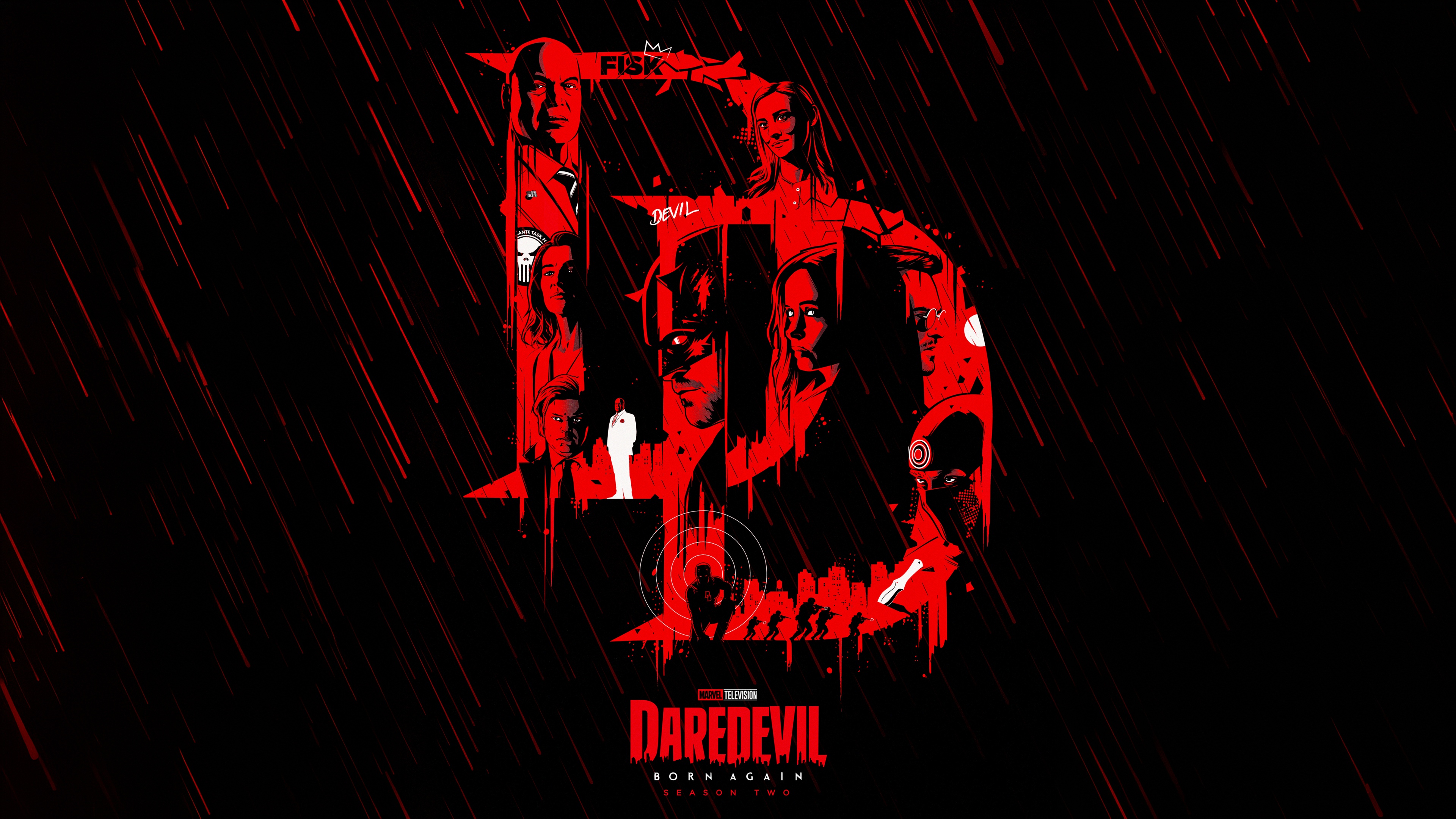 Cinematic dark red artwork featuring Daredevil from Marvel's Daredevil: Born Again.