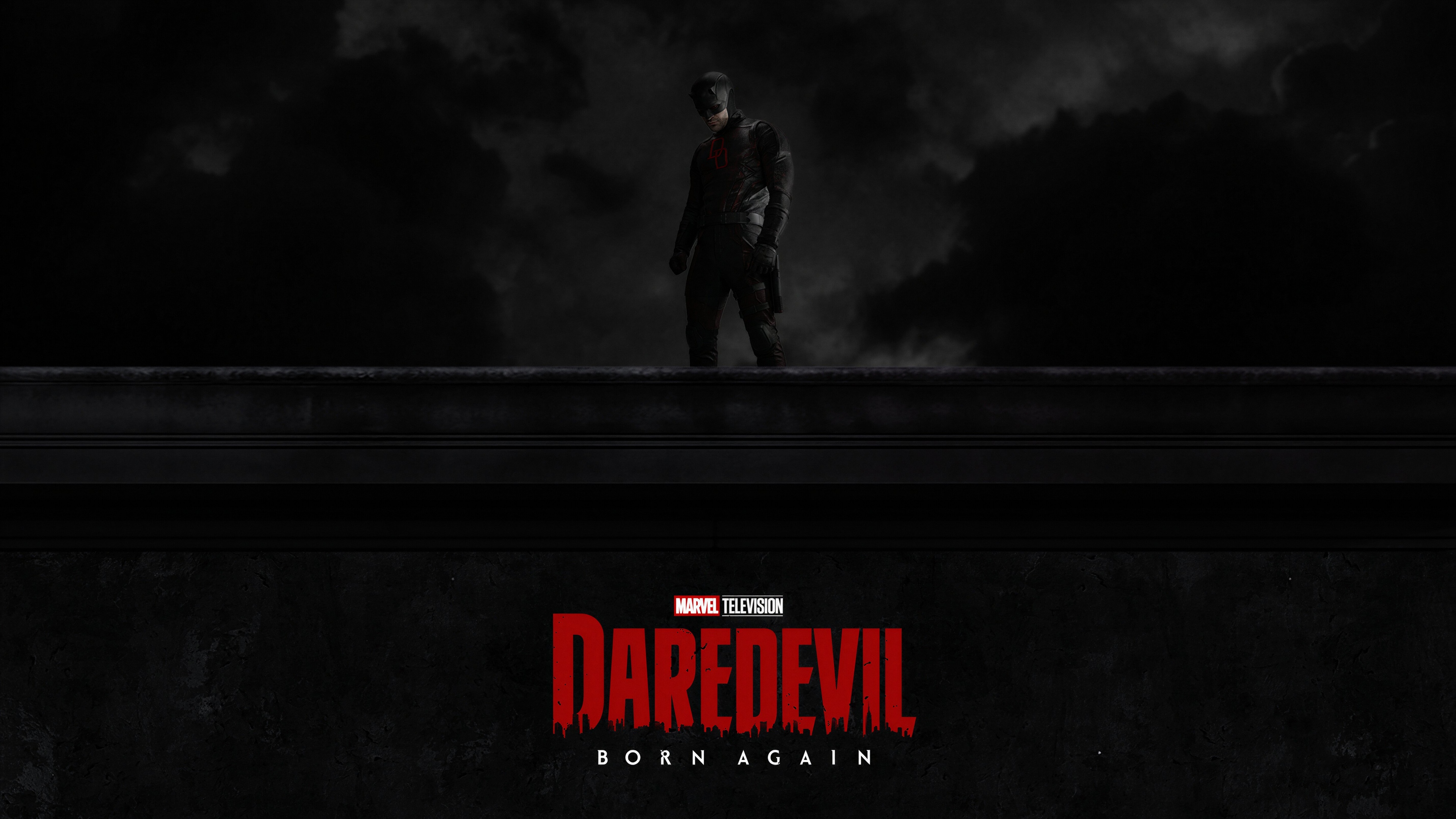 A cinematic close-up of Matt Murdock, the superhero Daredevil, set against a dark and moody background from the series Daredevil: Born Again.