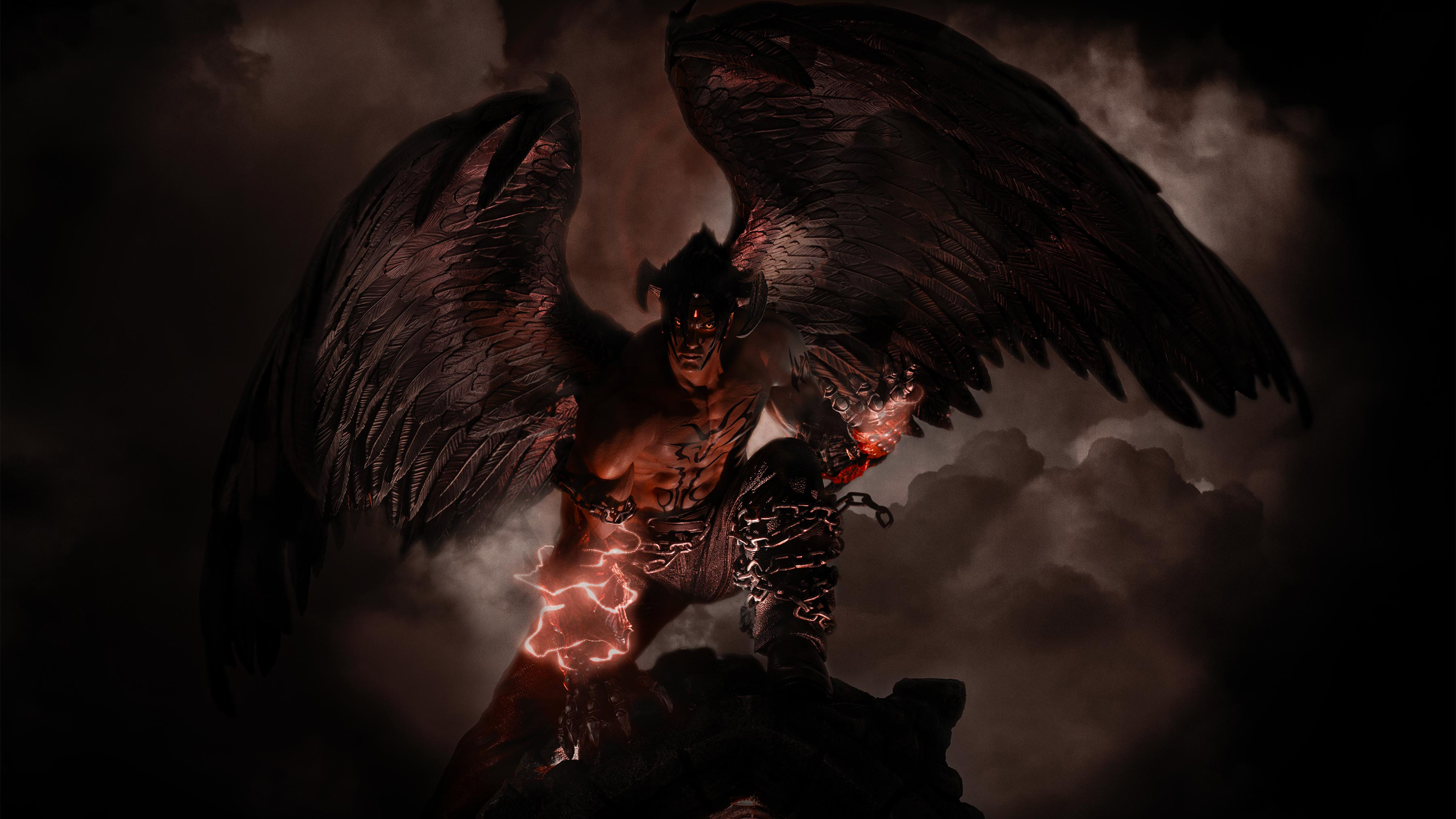A dark and abstract representation of Devil Jin from Tekken 7, featuring demonic shadows and a moody, intense atmosphere.