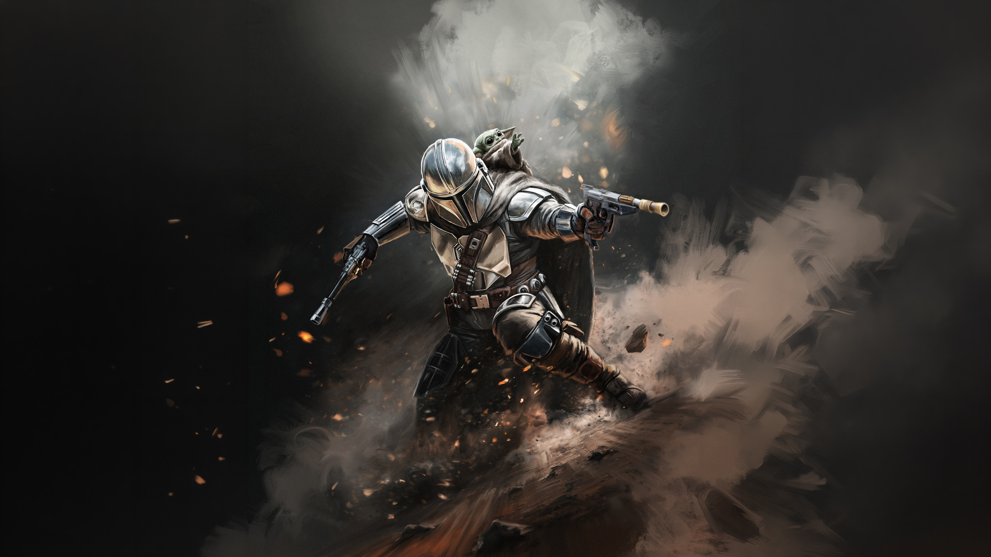 Din Djarin in Beskar armor and Grogu (Baby Yoda) from Star Wars: The Mandalorian