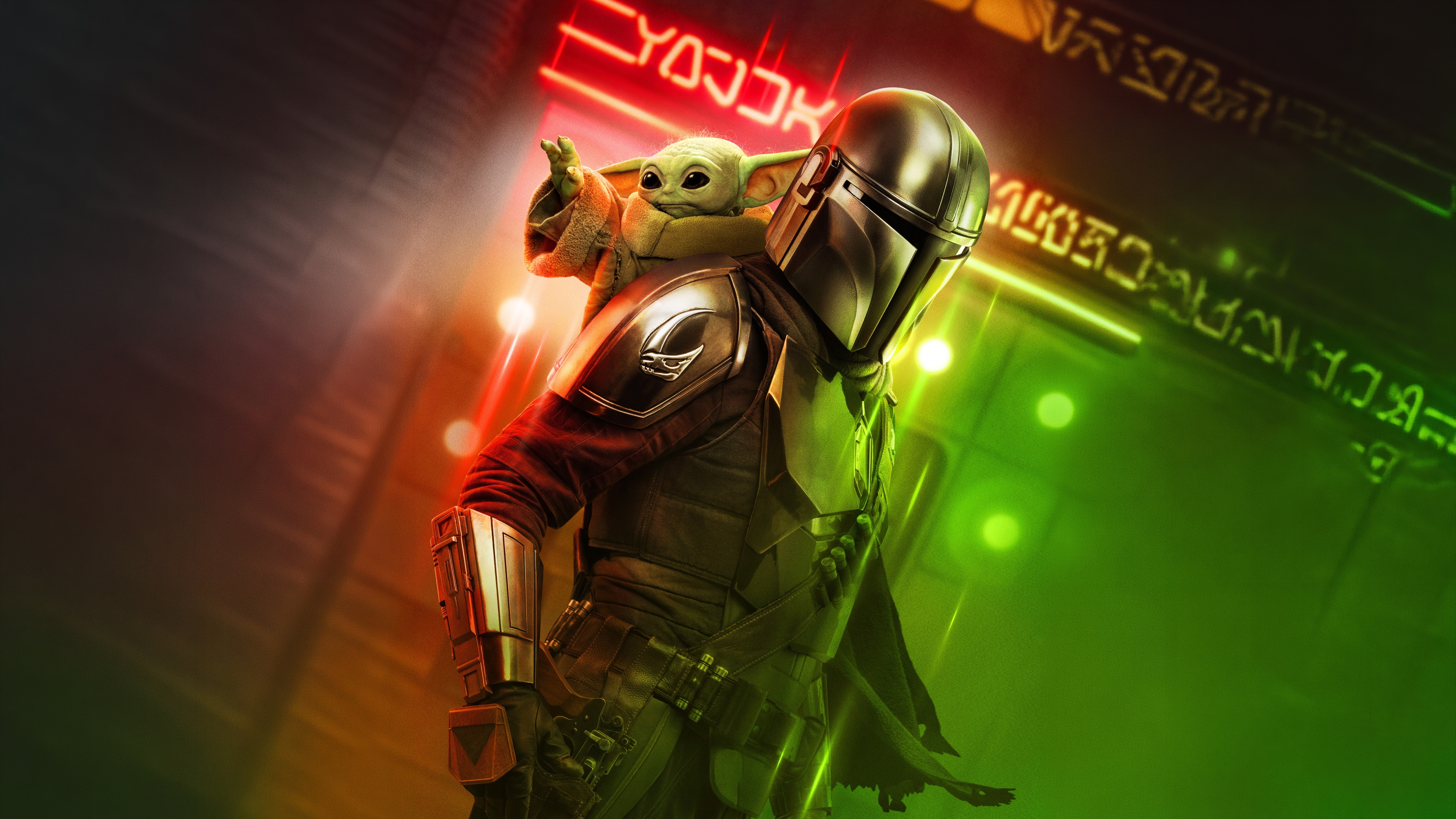 A high-resolution neon-lit cinematic depiction of Din Djarin and Grogu from Star Wars: The Mandalorian and Grogu.