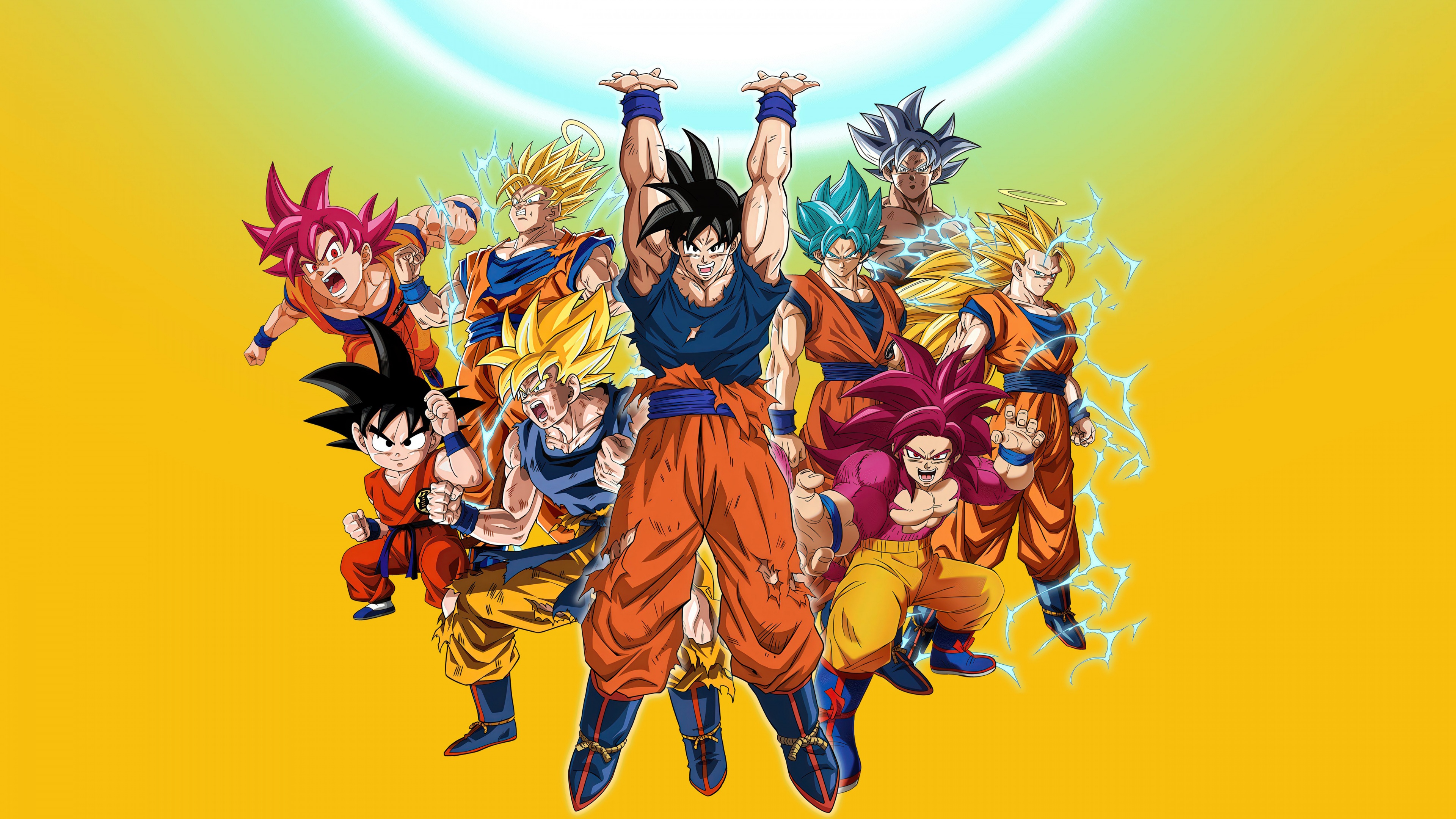 Un montaggio in alta definizione che mostra le diverse trasformazioni di Son Goku tratte da Dragon Ball Super, tra cui Super Saiyan Blu e Ultra Istinto, su uno sfondo giallo brillante.
